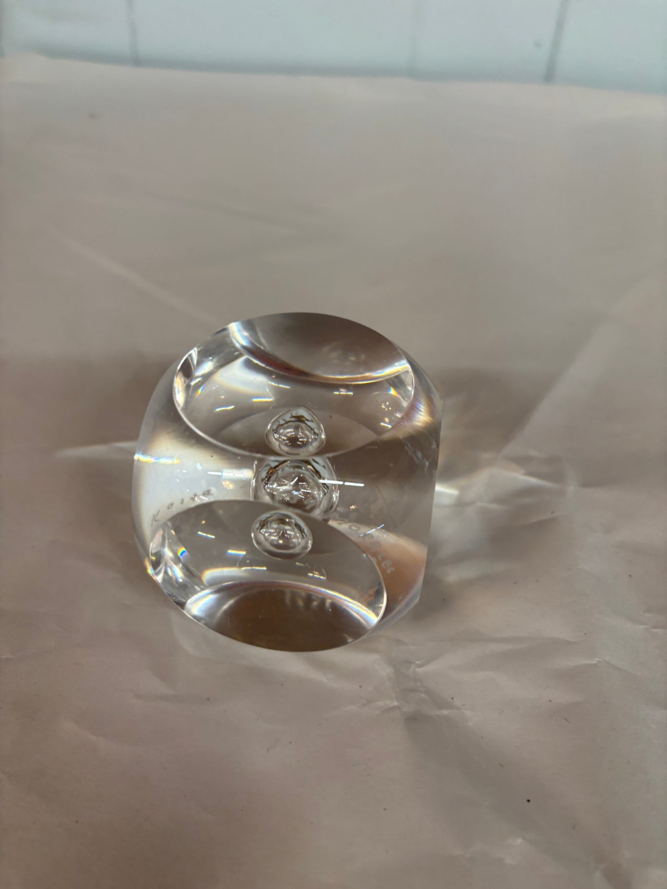 Clear Lead Crystal Paperweight Rounded Square Mona Morales Schildt Kosta Glass Bubble In Middle