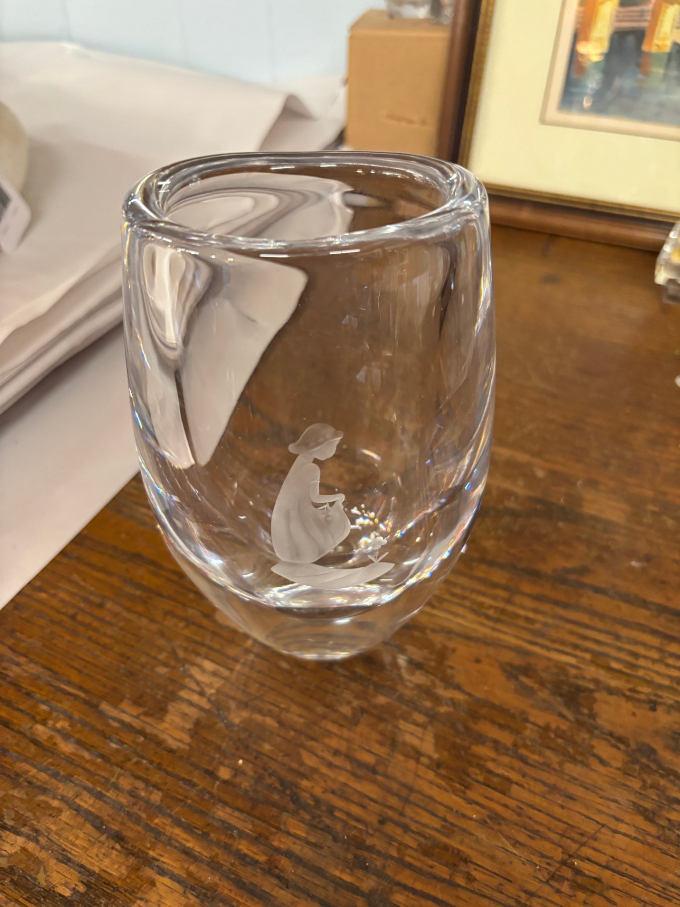 Vintage Orrefors 7-3/4" Tall Crystal Etched Vase w/Girl Holding Flowers