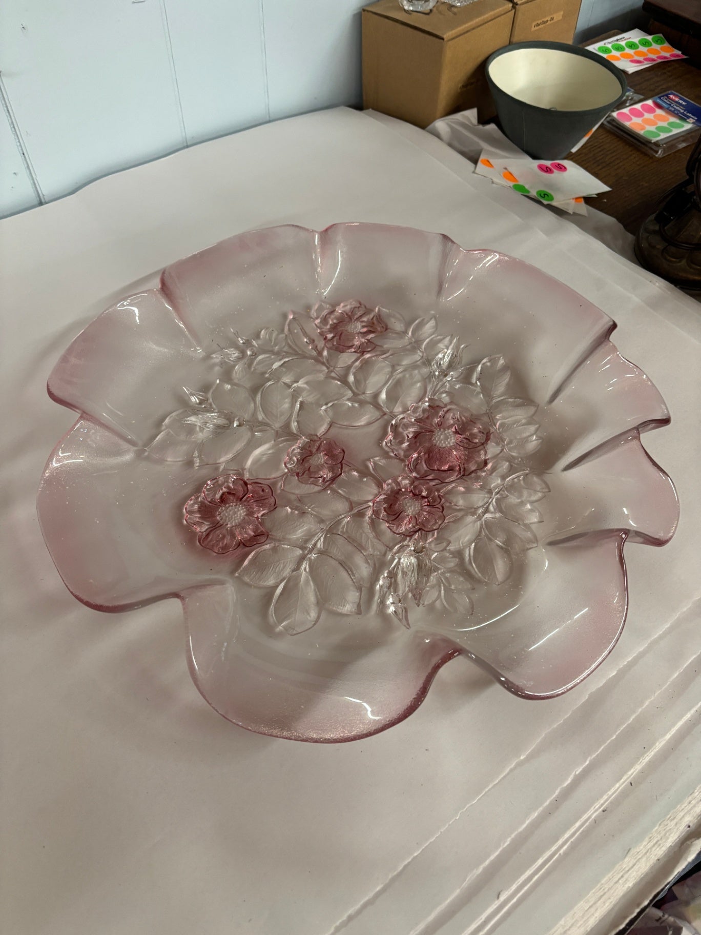  Embossed Pink Glass Round Platter Rosella Pattern Vintage