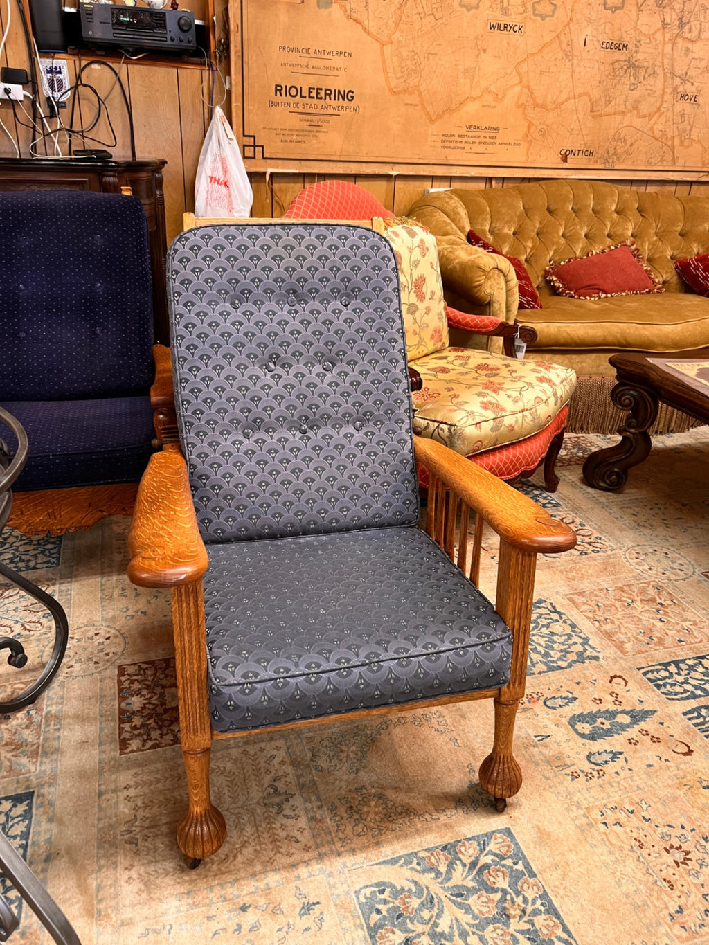 Victorian Antique Oak Morris Recliner Chair New Upholstery