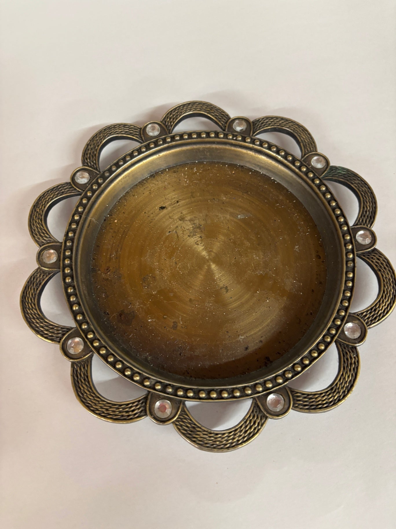 Round Brass Tray or Coaster with a Scalloped, Reticulated Edge.