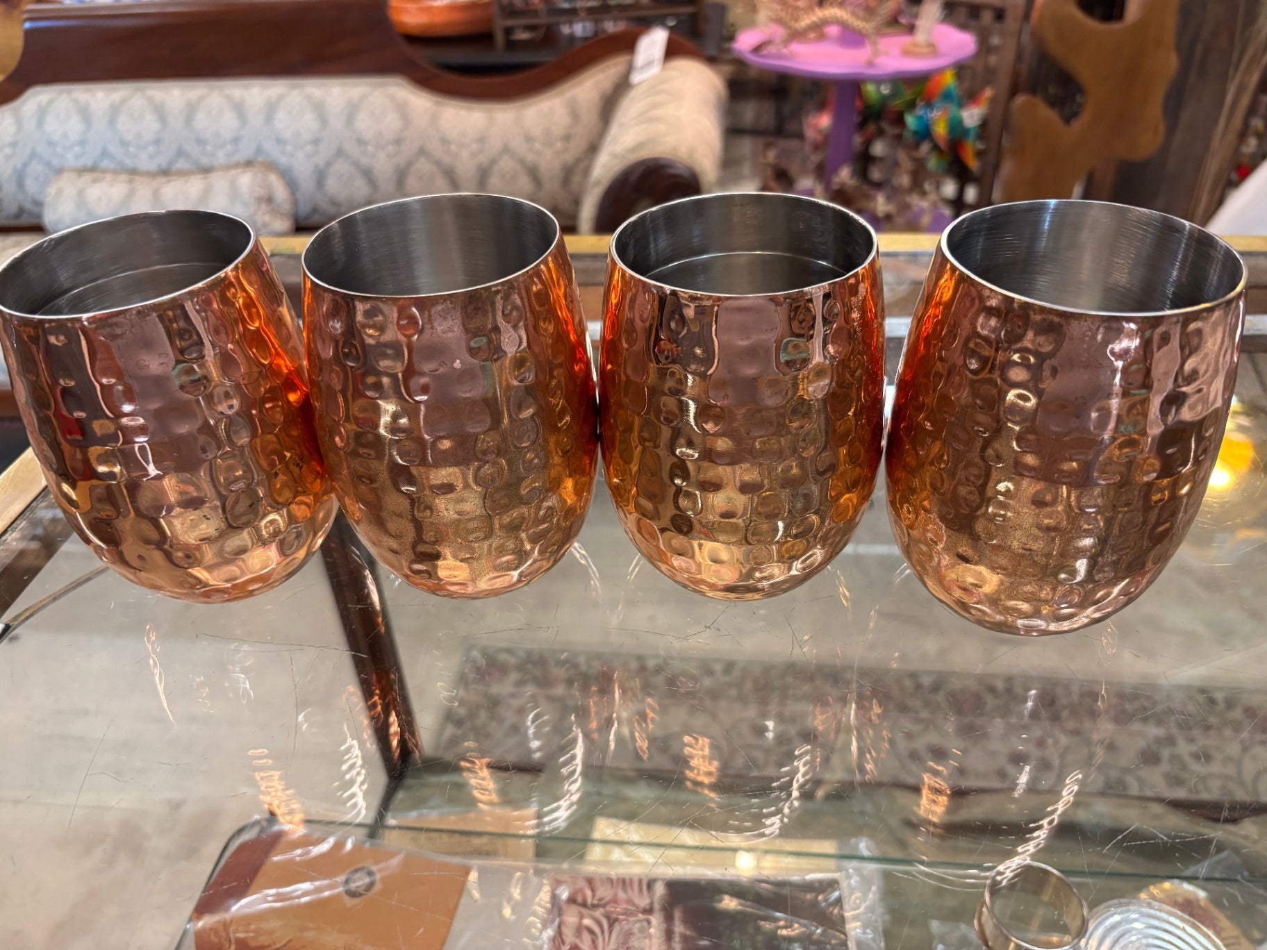 Set of 4 Hammered Copper & Stainless Steel Stemless Tumblers