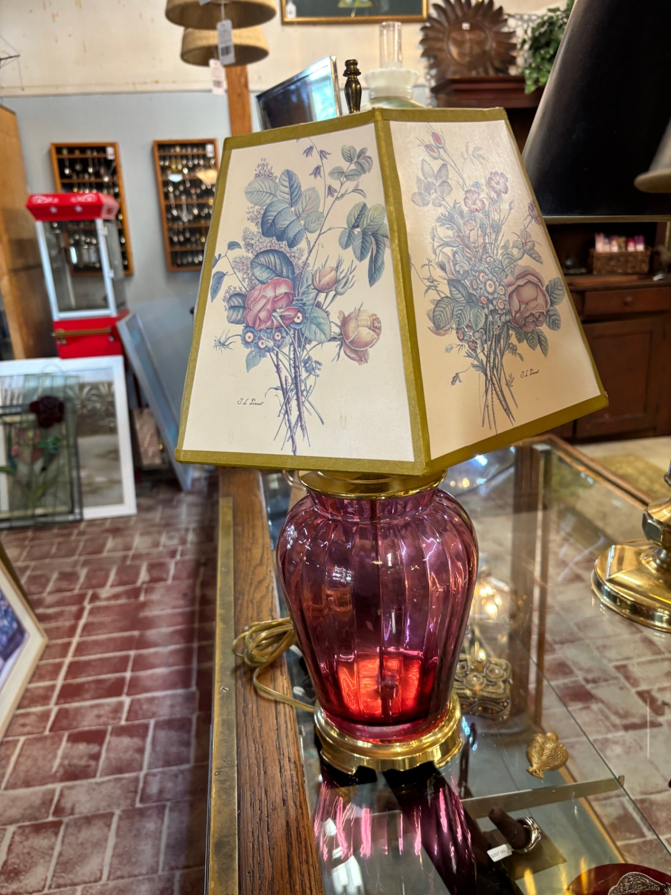 Vintage Cranberry Glass Table Lamp with J.L. Prévost Botanical Floral Shade