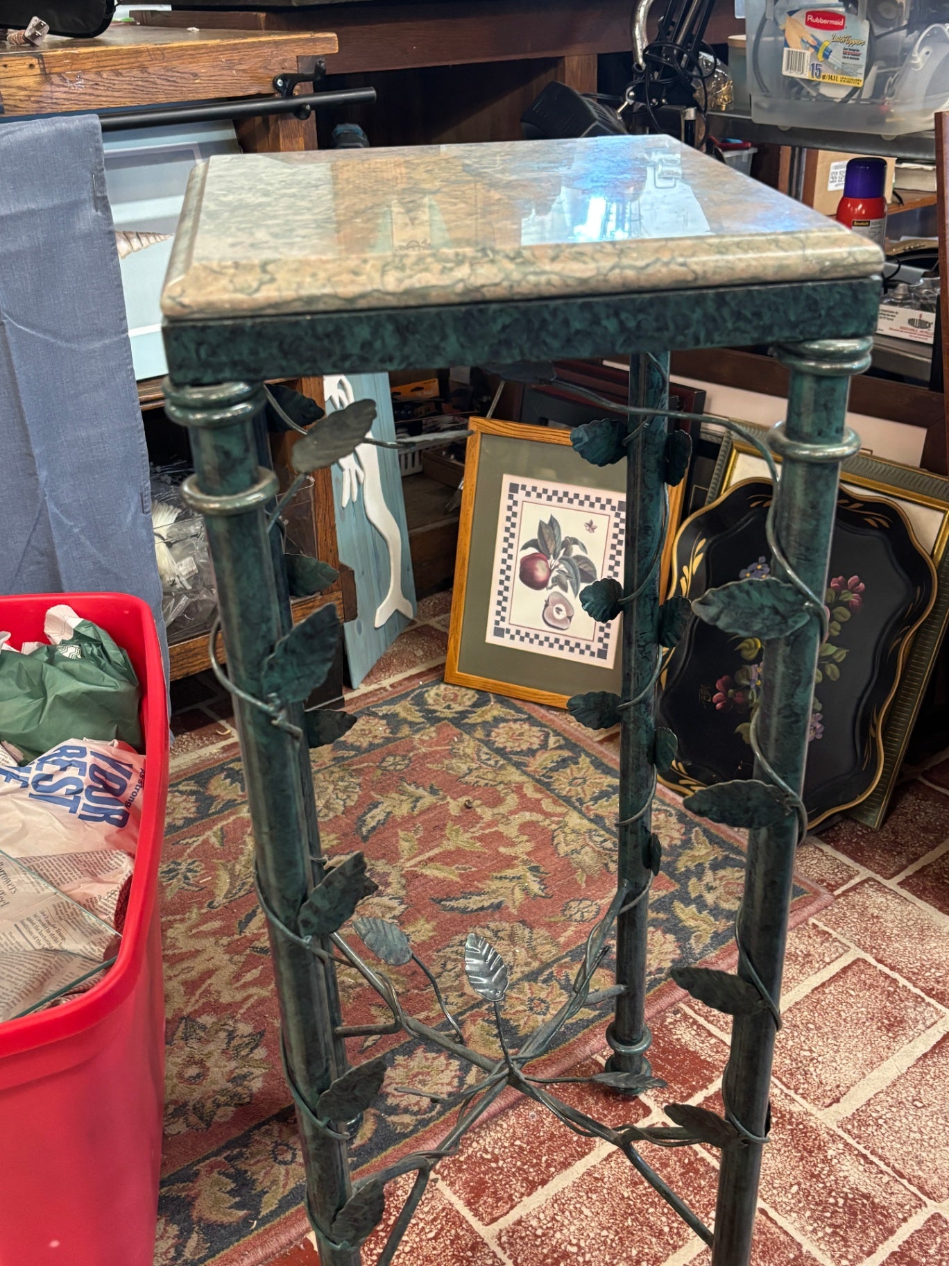 Verdigris Metal Vine Pedestal Plant Stand / Accent Table with Marble Top