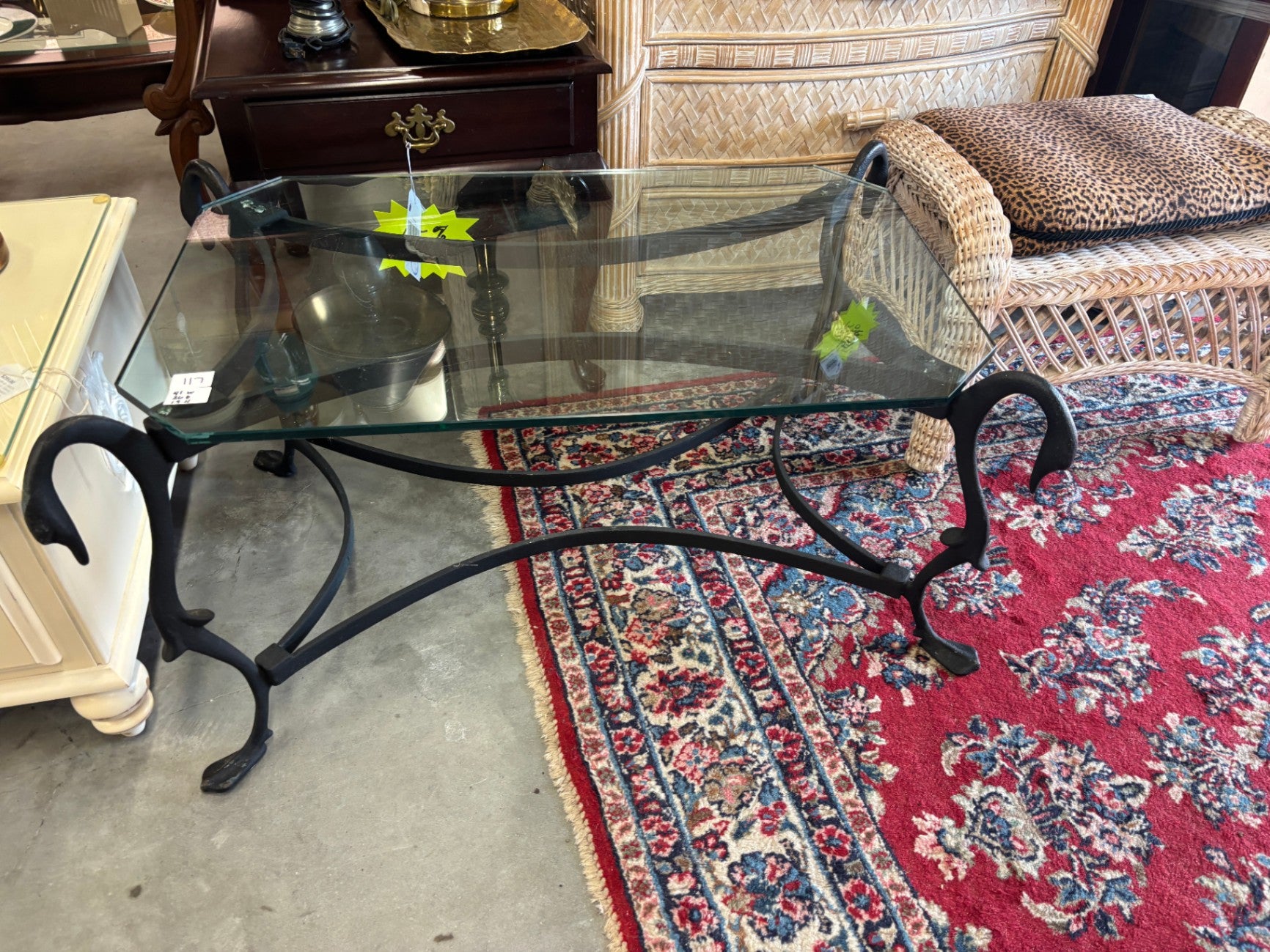 Vintage Wrought Iron Swan Scroll Console Table with Beveled Glass Top – 41"