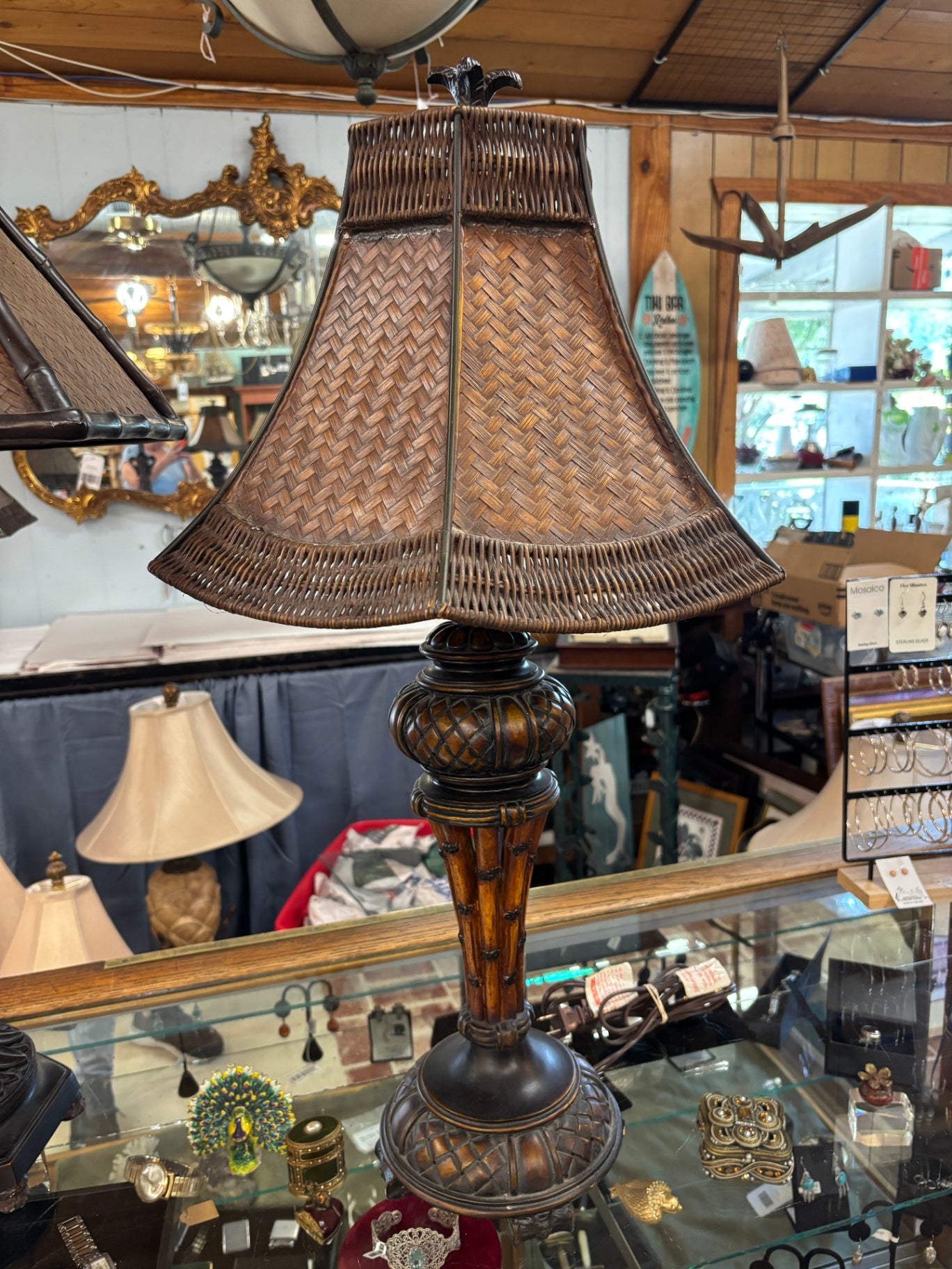 British Colonial Tropical Table Lamp 28 in tall with Woven Rattan Shade – Bamboo Style