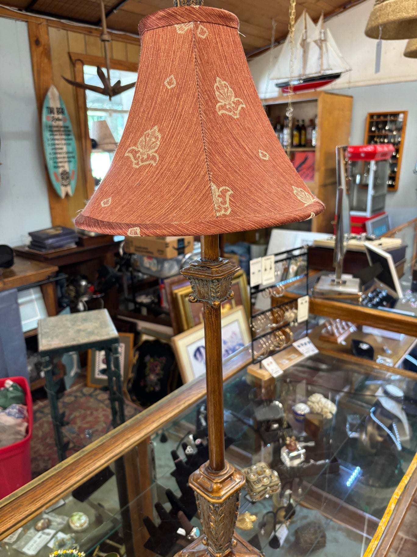 Vintage Neoclassical Wood & Gilt Table Lamp with Floral Fabric Shade