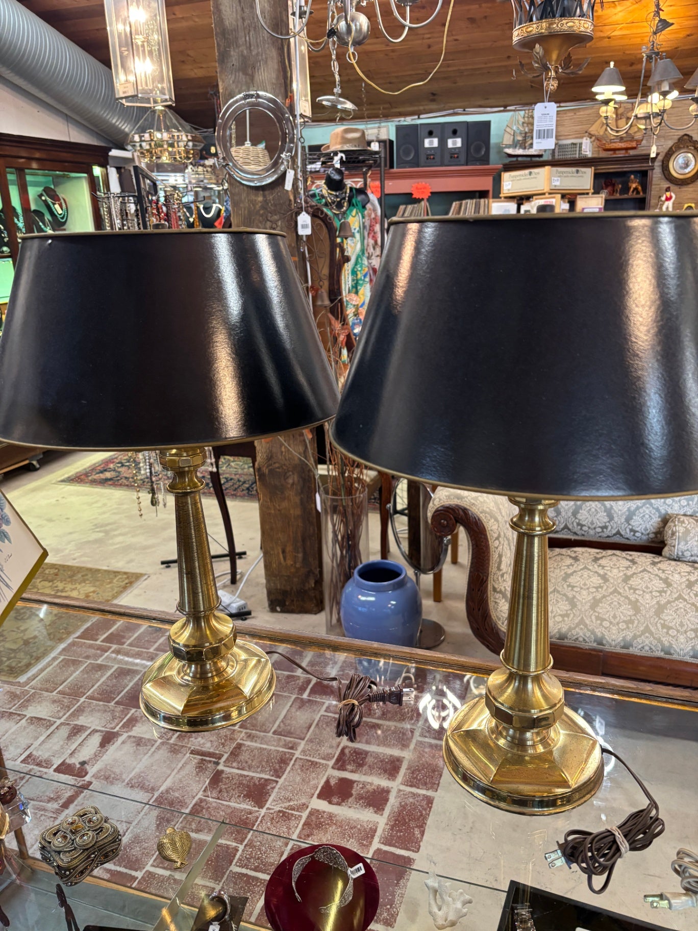 Pair Vintage Solid Brass Column Table Lamps with Black Shades