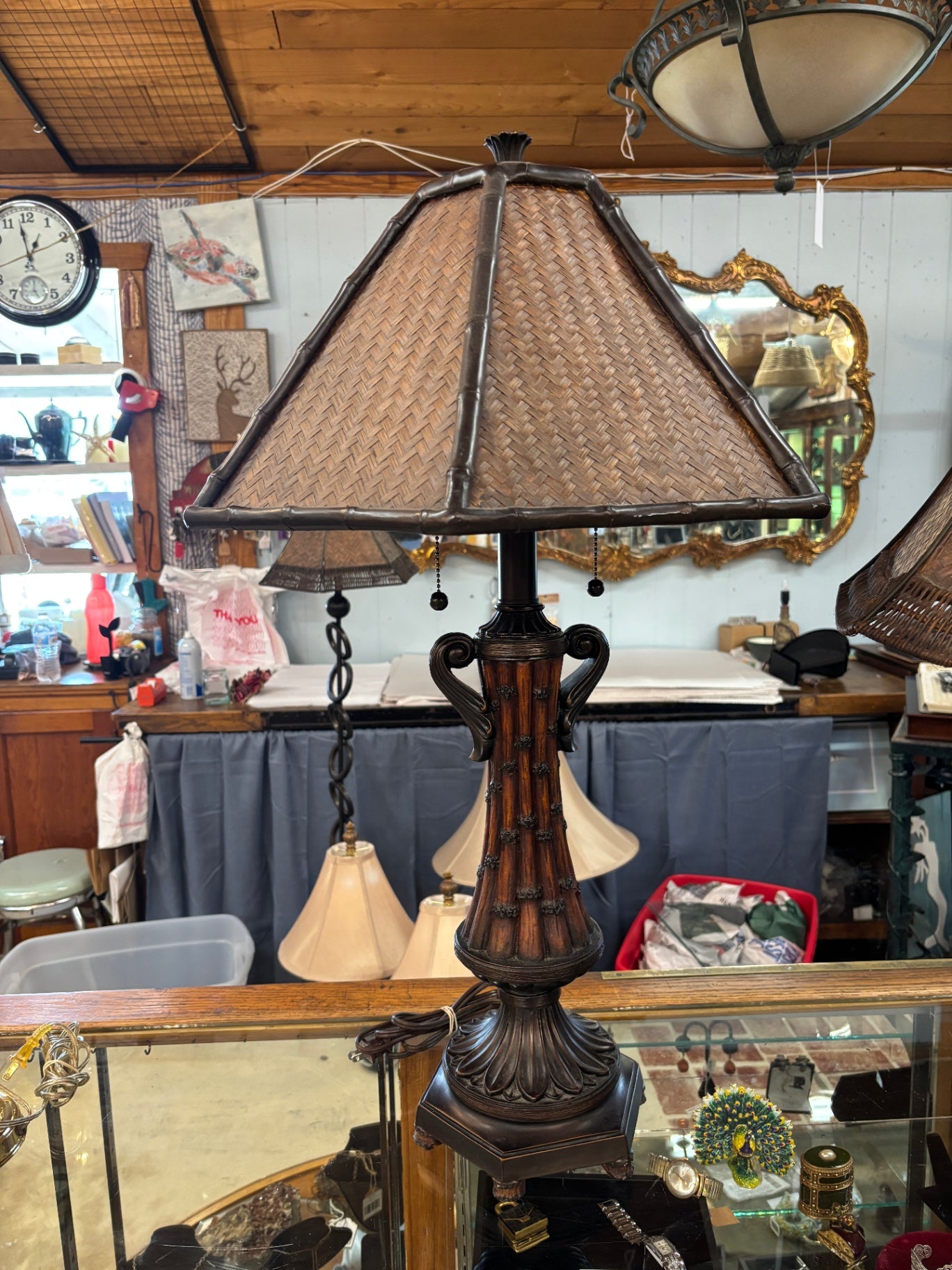 Large British Colonial Bamboo-Style 30" Table Lamp with Woven Rattan Shade – Double Pull Chain