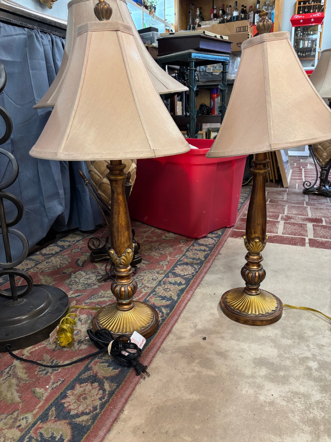 Pair of Tall Traditional Antiqued Gold & Wood-Tone Table Lamps with Bell Shades