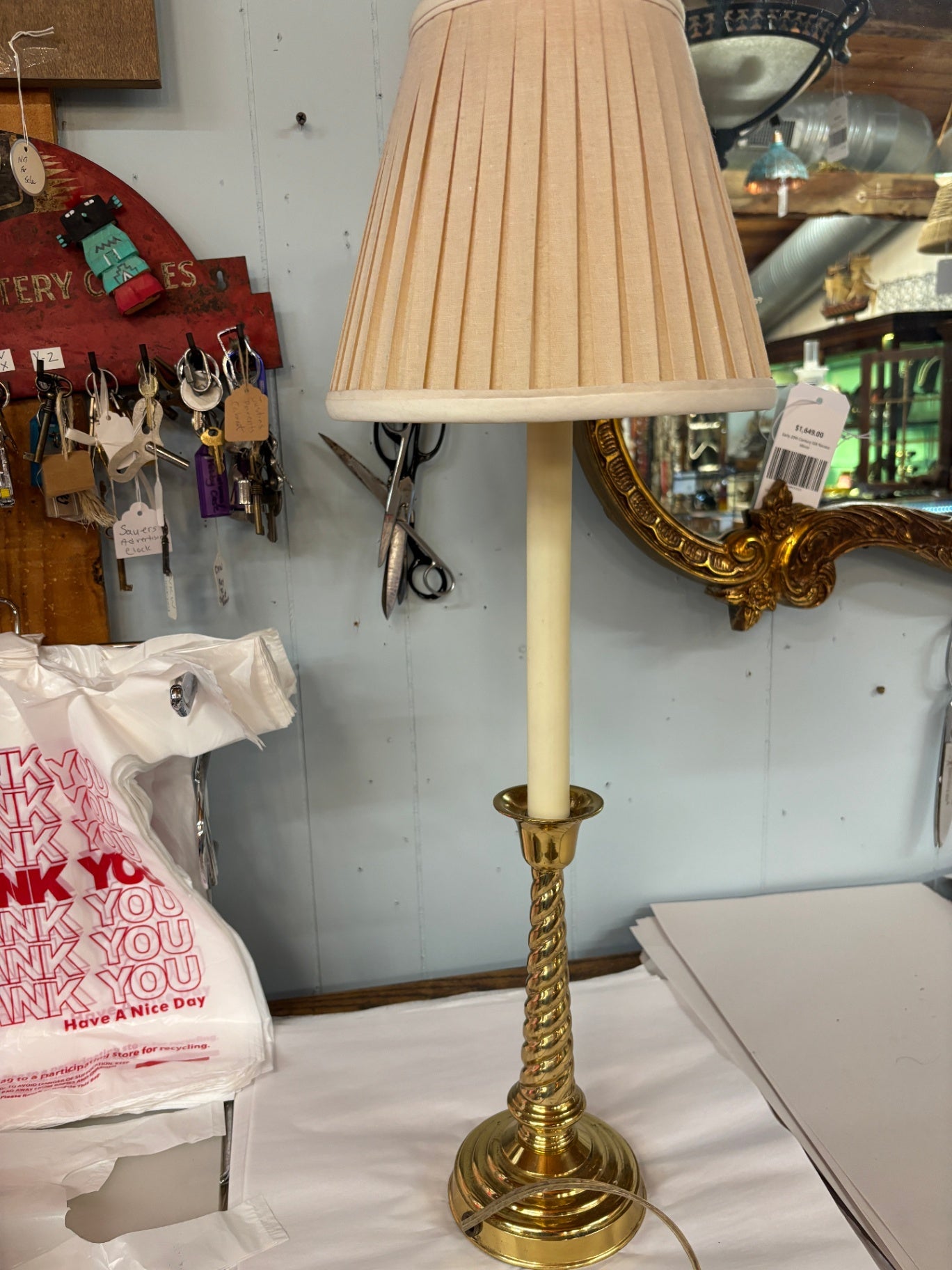 Vintage Brass Candlestick-Style Electric Table Lamp with Pleated Shade