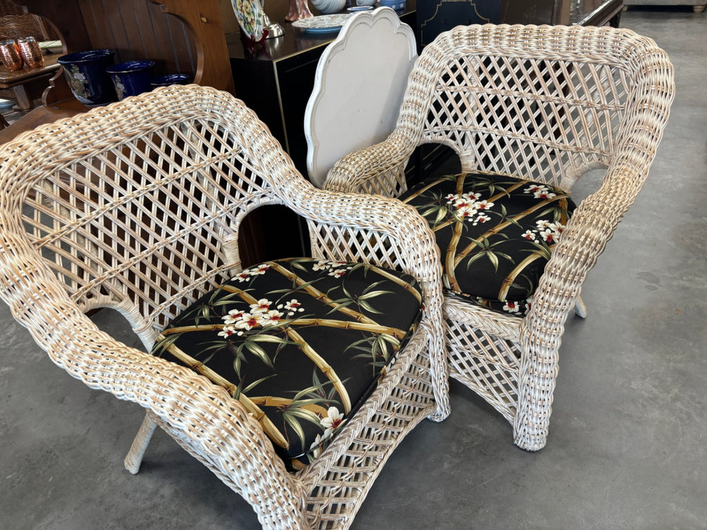 Vintage Coastal Whitewashed Wicker Armchairs and Ottoman with Cushions – Set of 2
