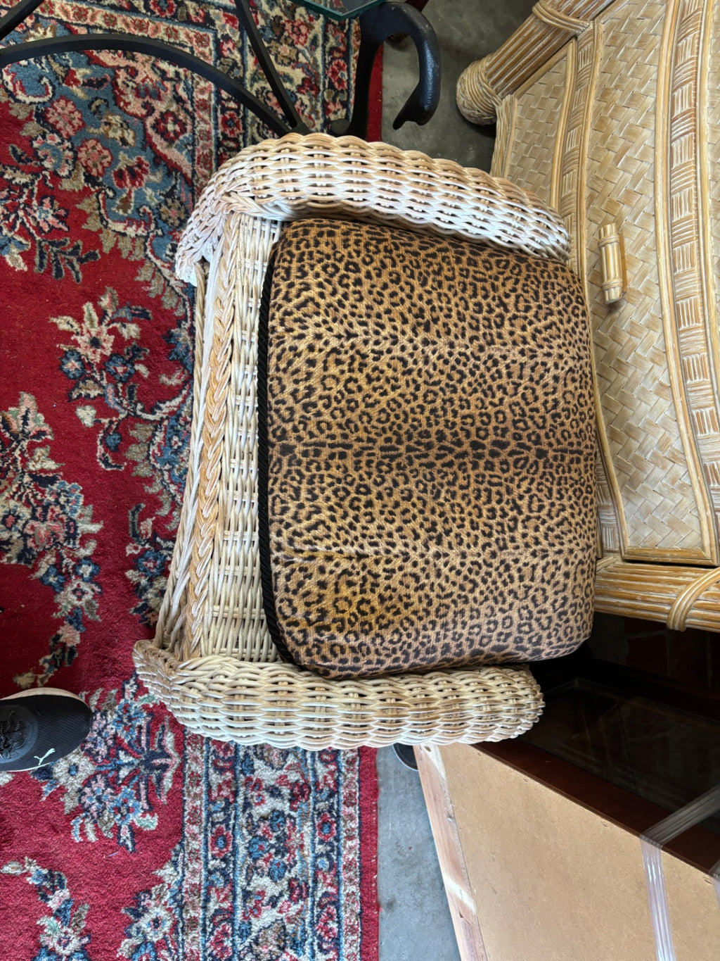Vintage Coastal Whitewashed Wicker Armchairs and Ottoman with Cushions – Set of 2