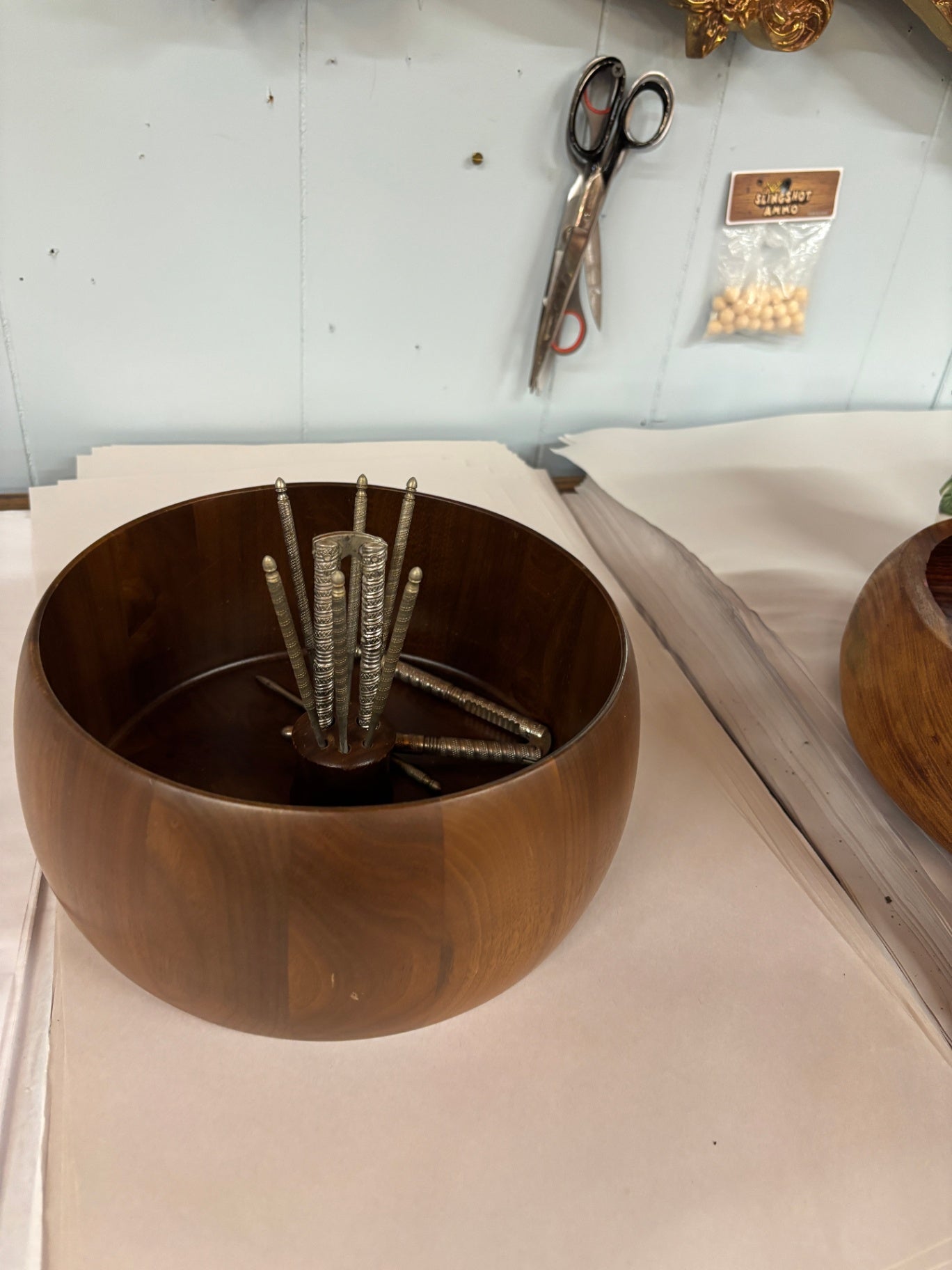 Vintage Mid-Century Walnut Nut Bowl Set with Metal Nut Picks & Cracker