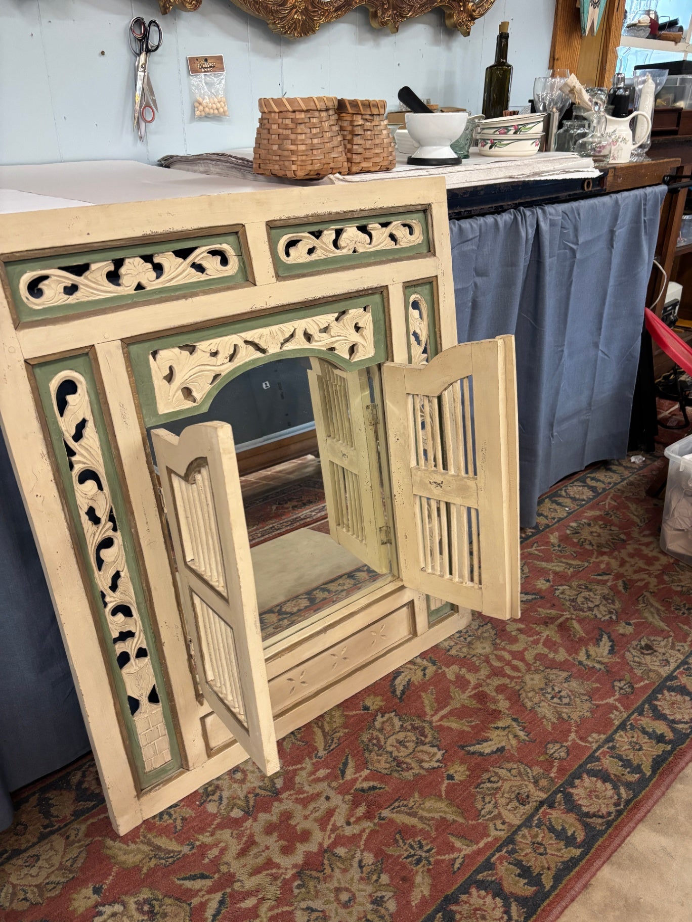 Distressed Carved Wood Wall  Balinese-Style Decorative Shutter Cabinet with Mirror