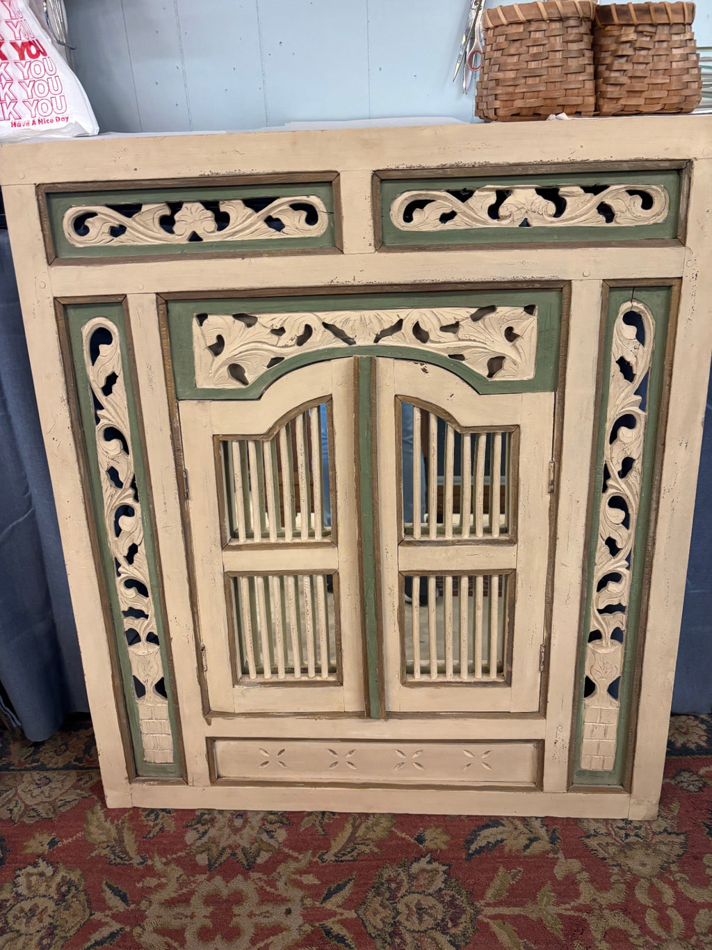 Distressed Carved Wood Wall  Balinese-Style Decorative Shutter Cabinet with Mirror