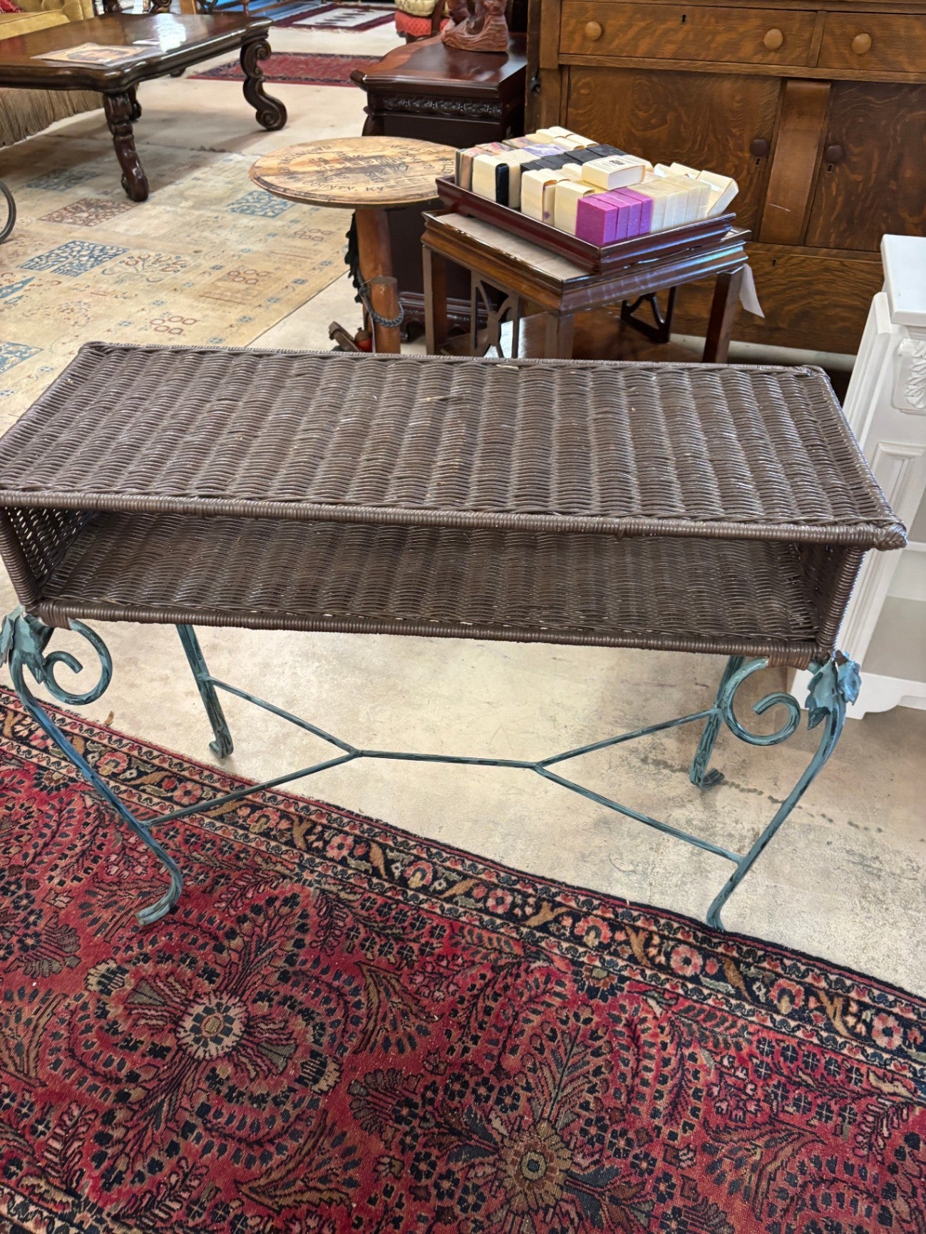  Wrought Iron and Wicker Console Table