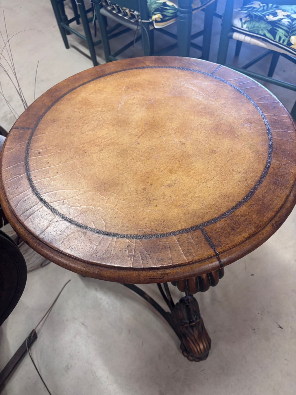 Ornate Round Accent Table with Figural Fish Metal Base & Wood Top