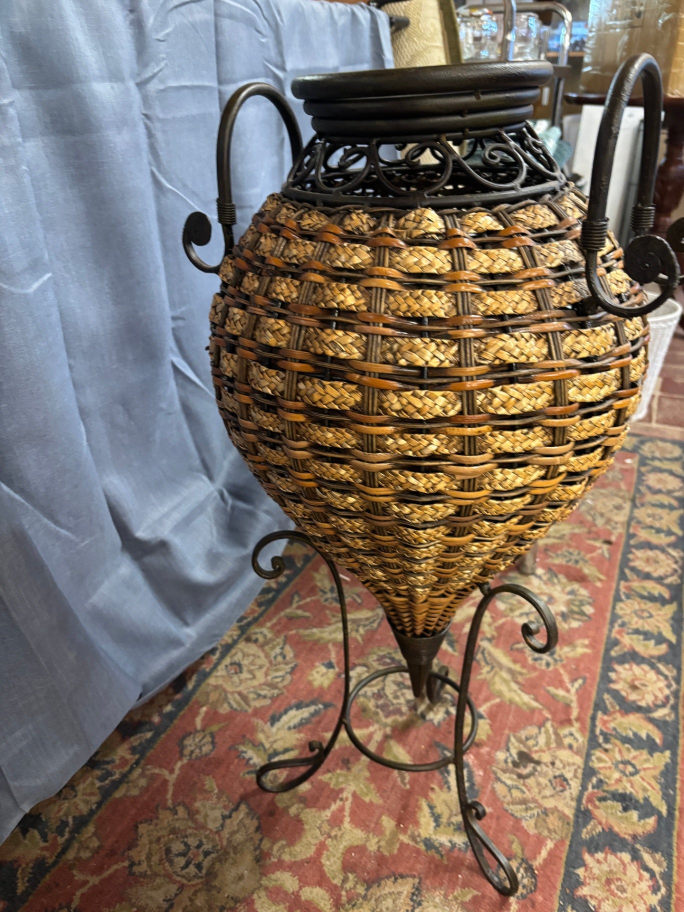 Large Woven Rattan & Wrought Iron Floor Urn / Decorative Basket