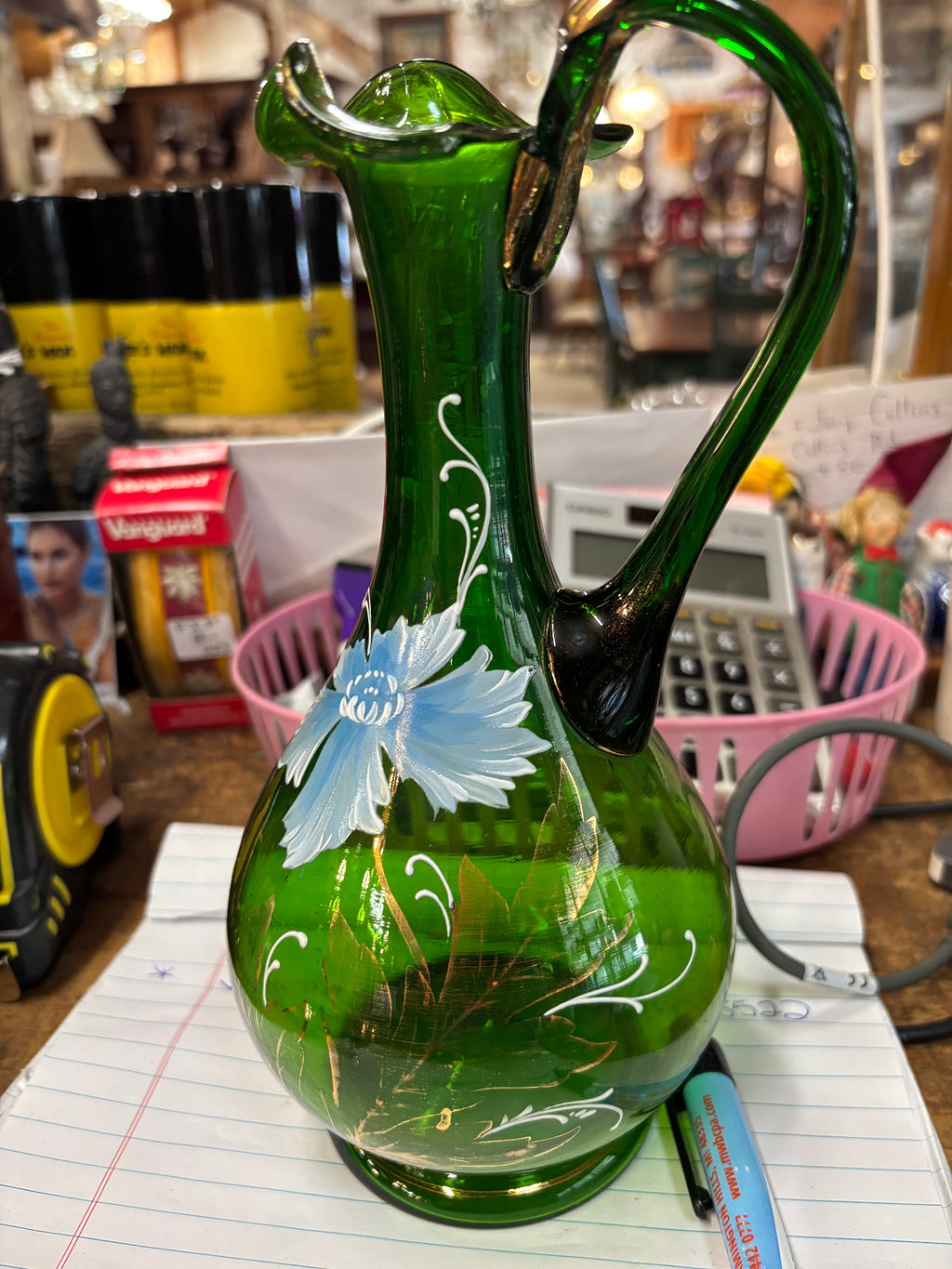 Vintage Emerald Green Hand-Painted Art Glass Ewer Pitcher