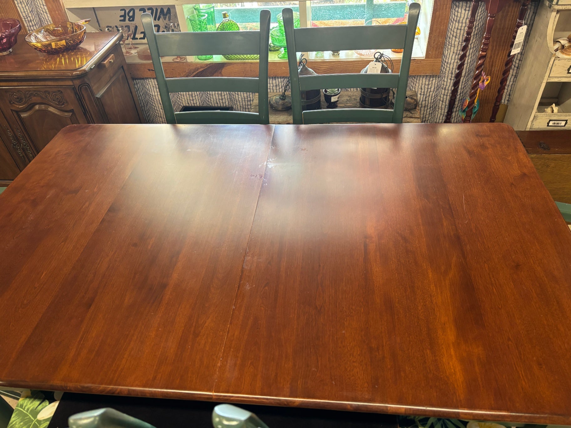 Farmhouse Dining Table & 6 Ladder-Back Chairs – Two-Tone Green & Cherry Finish