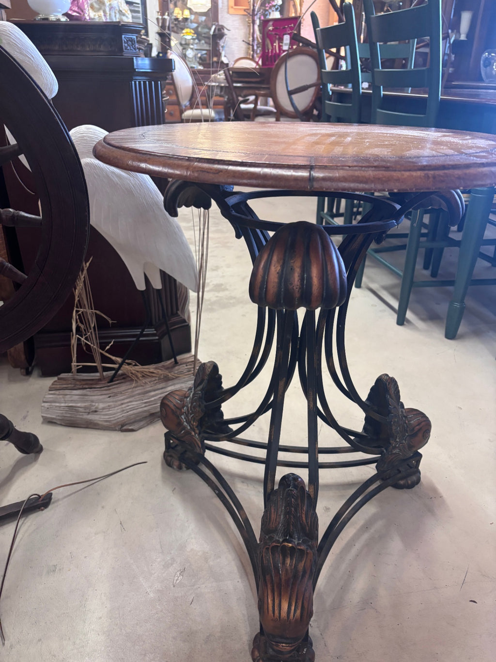 Ornate Round Accent Table with Figural Fish Metal Base & Wood Top