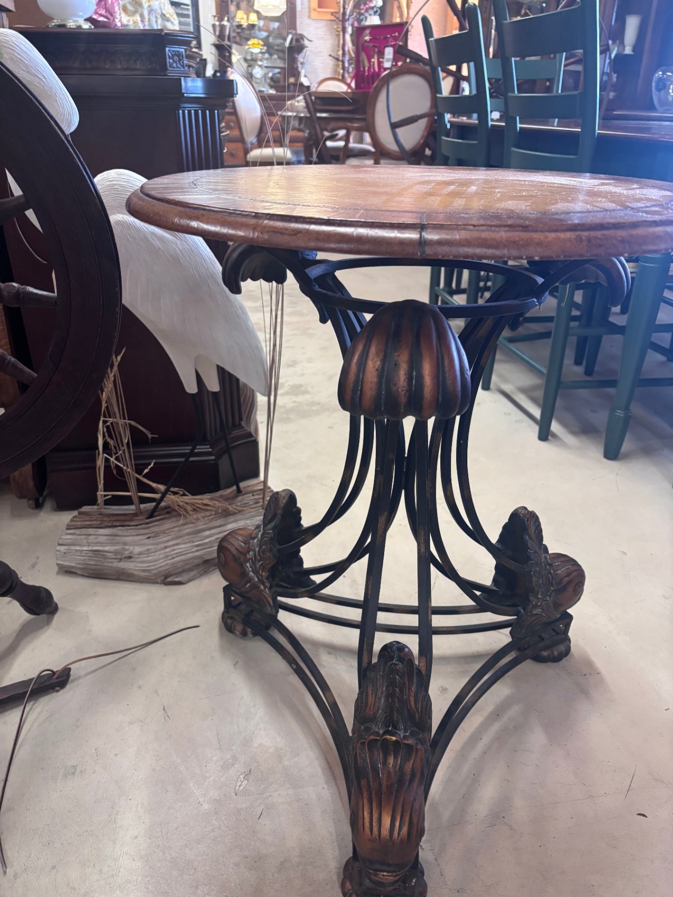 Ornate Round Accent Table with Figural Fish Metal Base & Wood Top