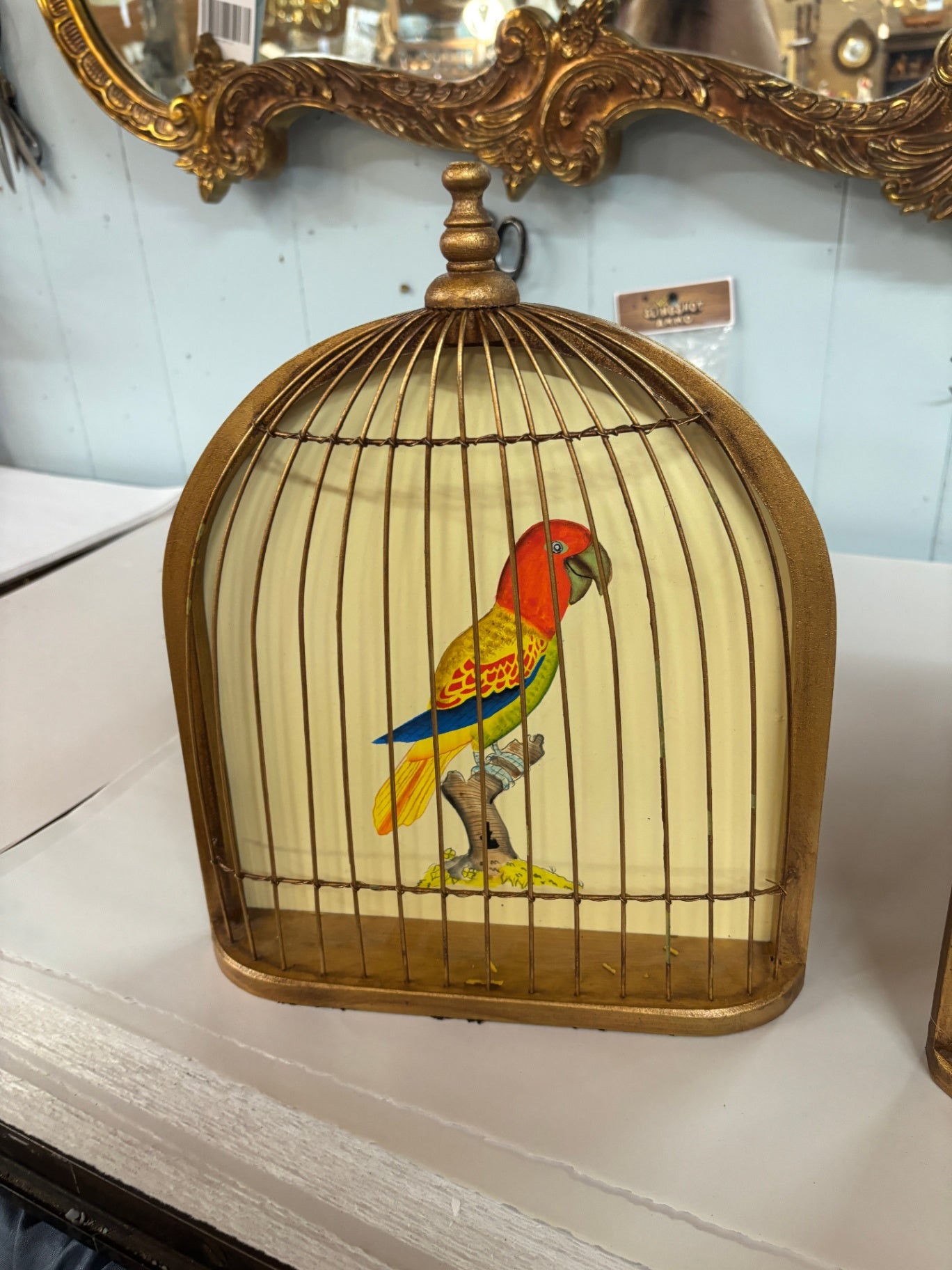 Vintage Chinoiserie Parrot Birdcage Wall Plaque – Lightweight Gilt Décor