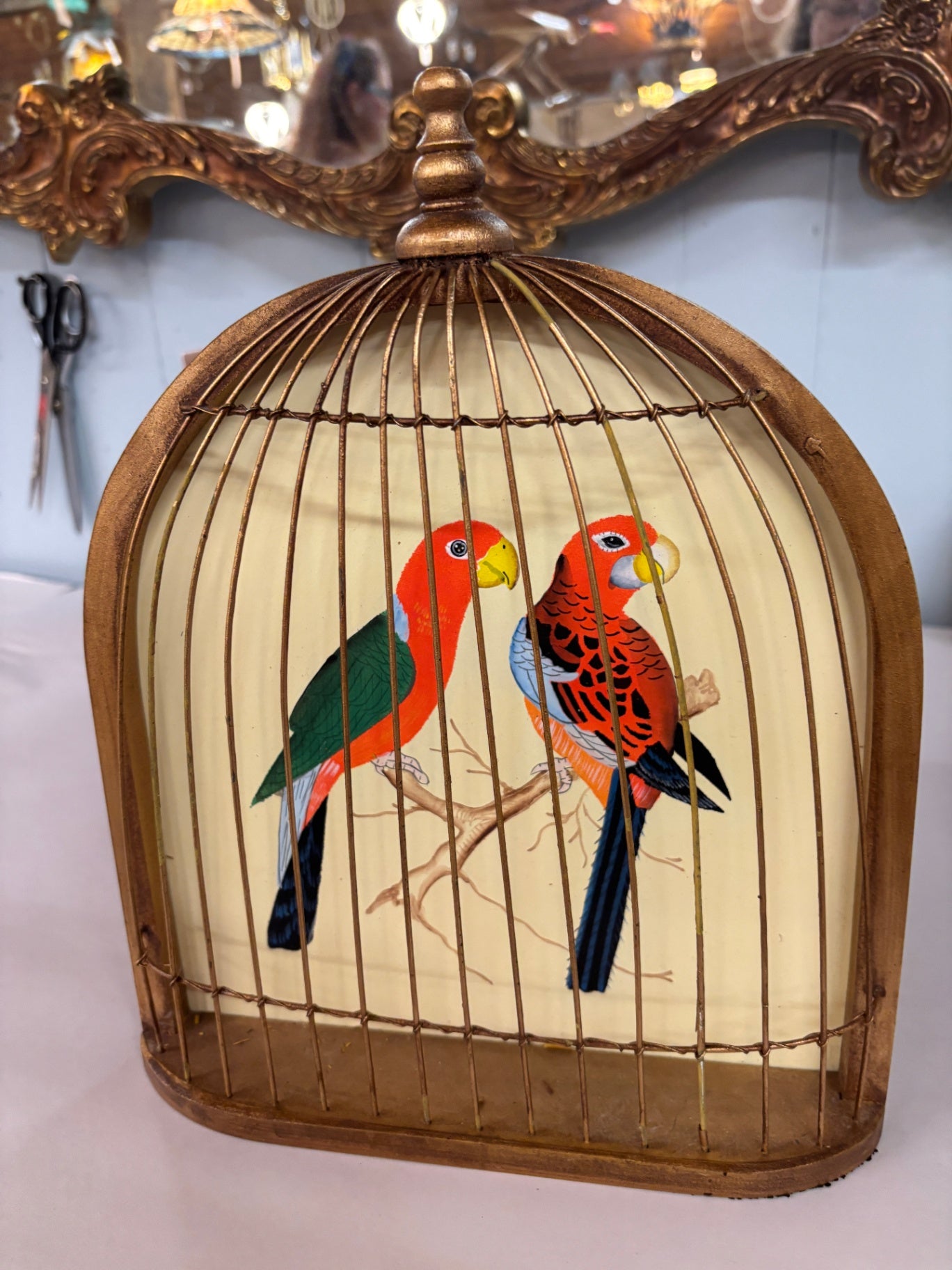 Vintage Chinoiserie Parrot Birdcage Wall Plaque – Lightweight Gilt Décor