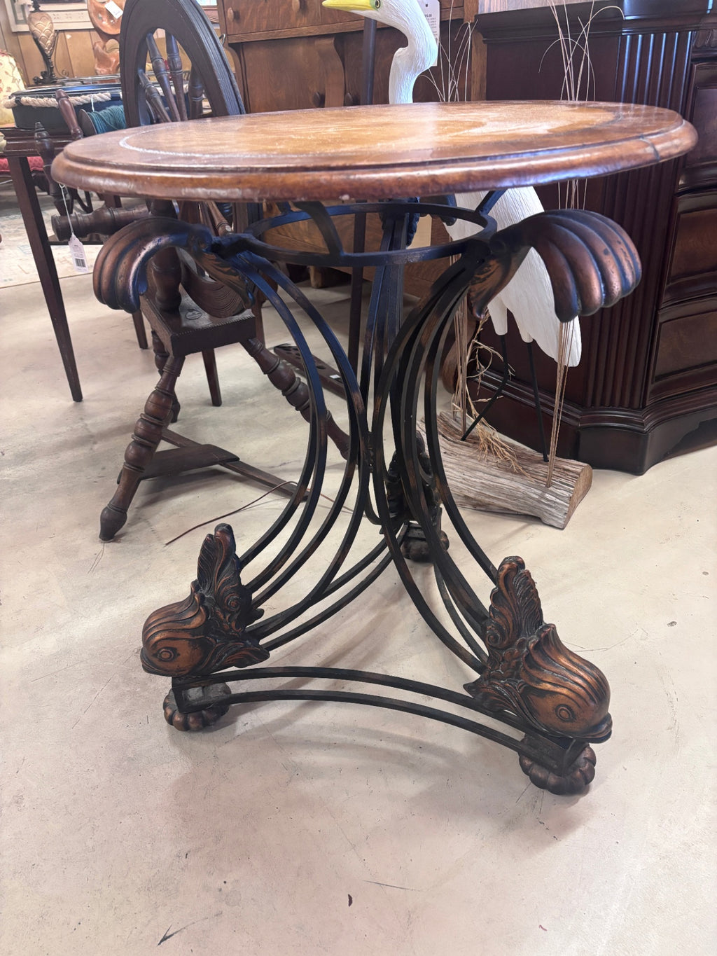 Ornate Round Accent Table with Figural Fish Metal Base & Wood Top