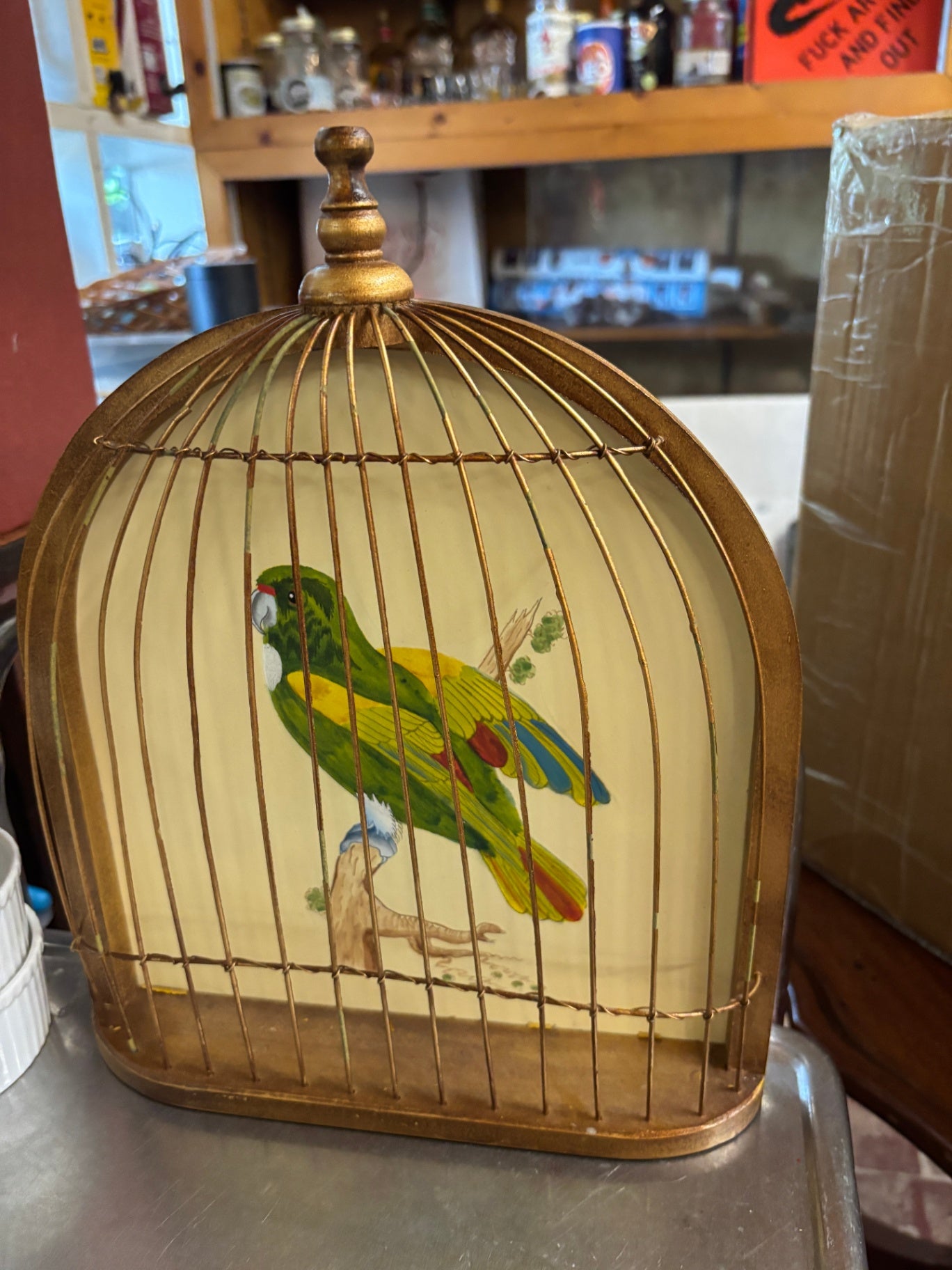 Vintage Chinoiserie Parrot Birdcage Wall Plaque – Lightweight Gilt Décor