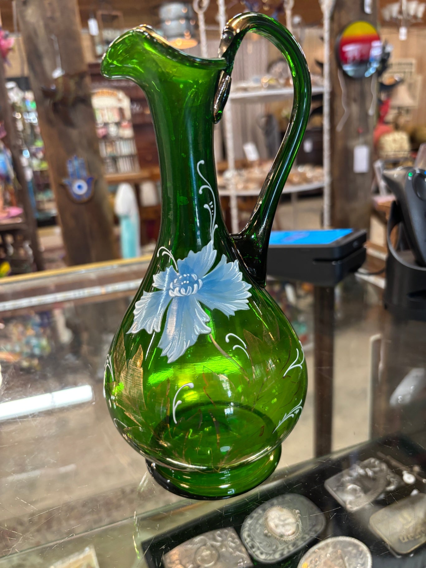 Vintage Emerald Green Hand-Painted Art Glass Ewer Pitcher