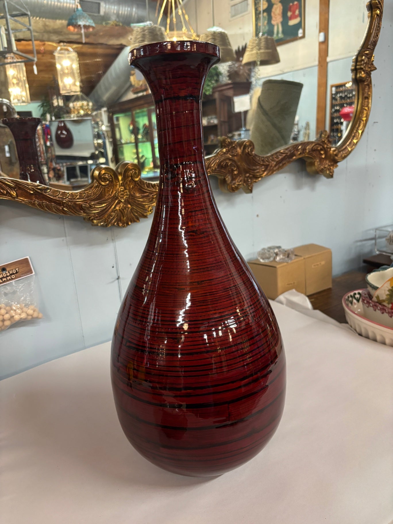 Mid-Century Red & Black Striped Art Pottery Floor Vase