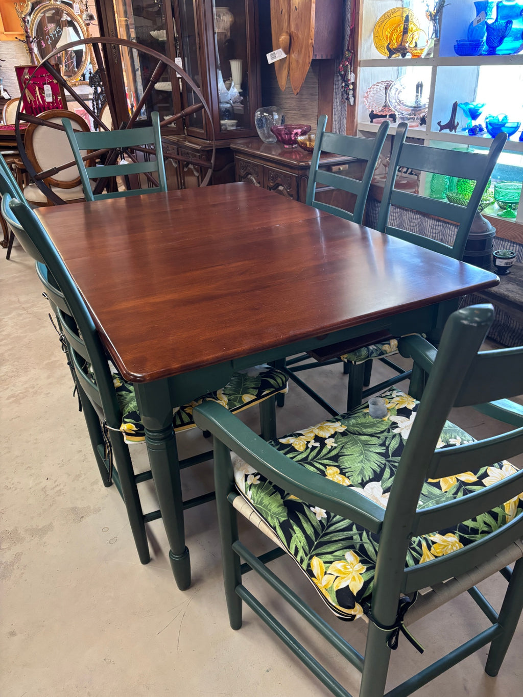 Farmhouse Dining Table & 6 Ladder-Back Chairs – Two-Tone Green & Cherry Finish