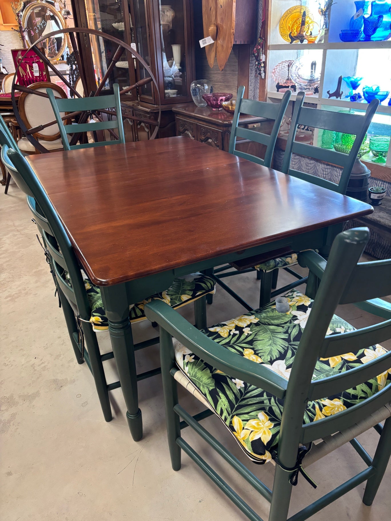 Farmhouse Dining Table & 6 Ladder-Back Chairs – Two-Tone Green & Cherry Finish