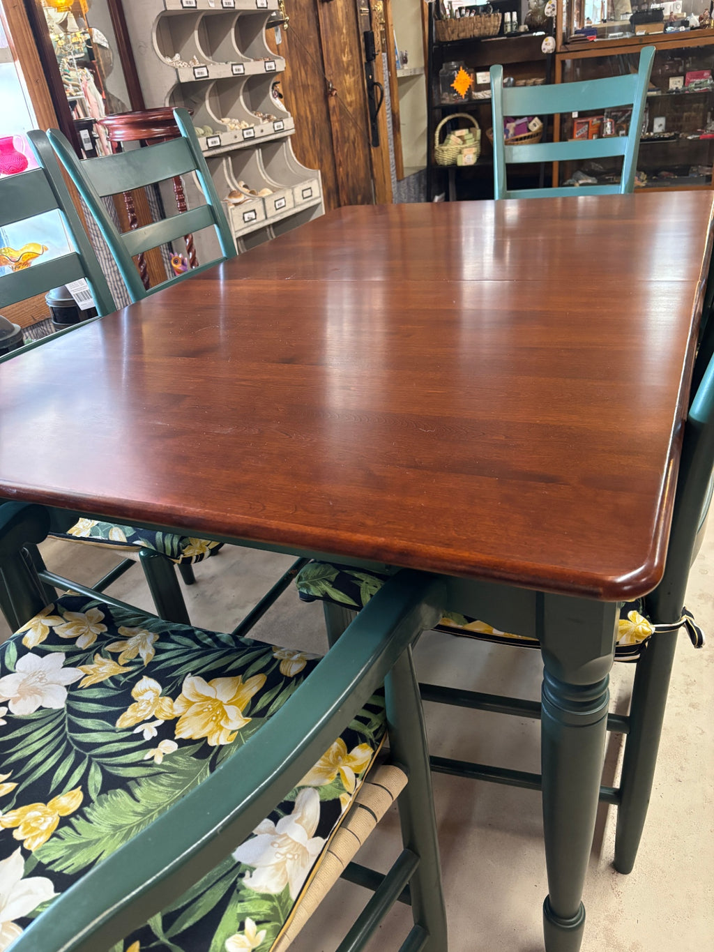 Farmhouse Dining Table & 6 Ladder-Back Chairs – Two-Tone Green & Cherry Finish