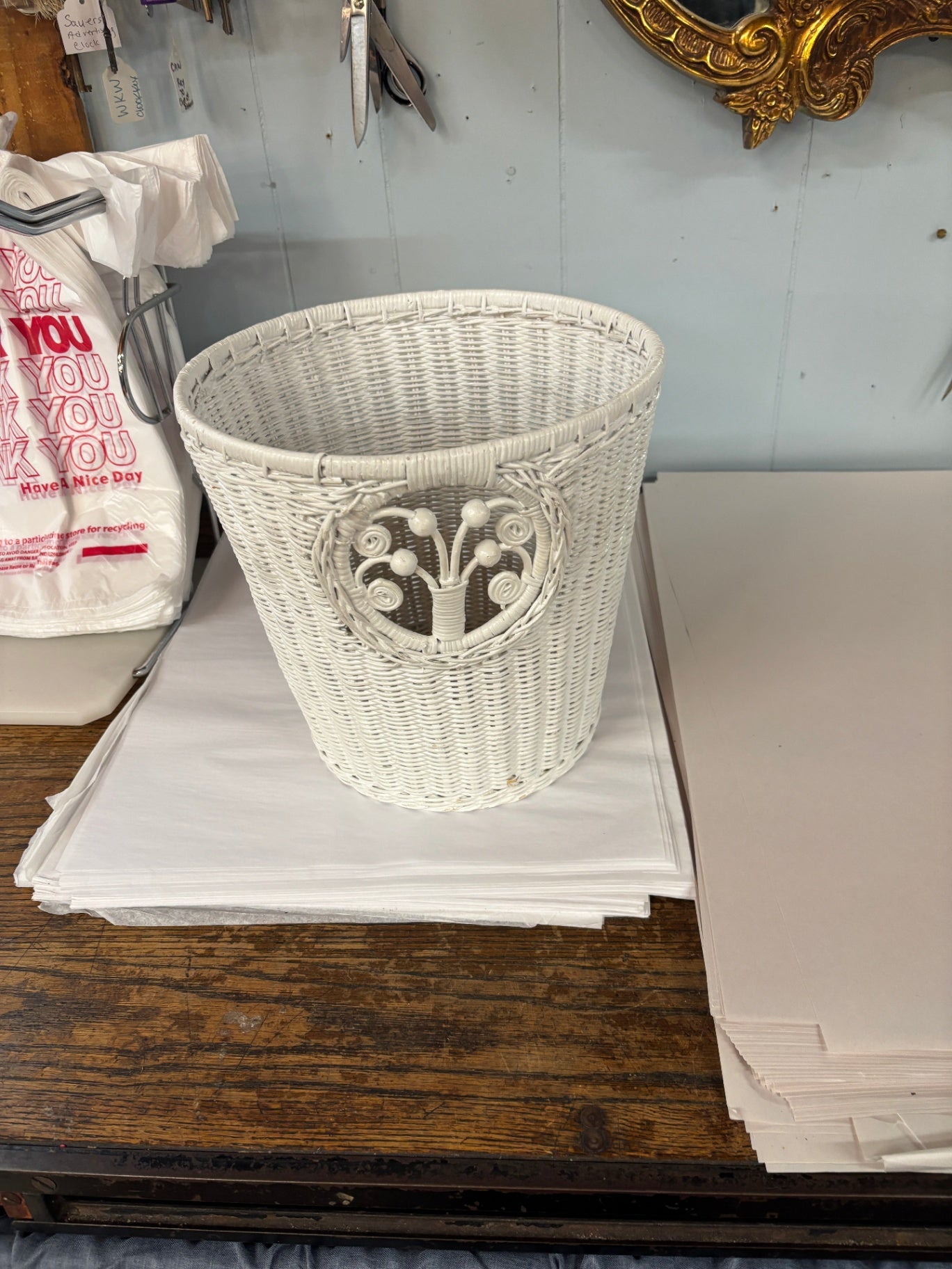 Vintage Waste Basket Wicker WHITE Shabby Vintage