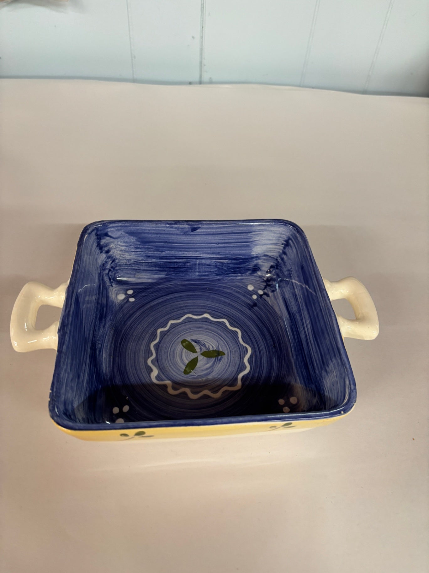 Small Vintage Ceramic Italian Square Baking Dish 9.75" Hand Painted Blue Bakeware Mini Casserole Dish