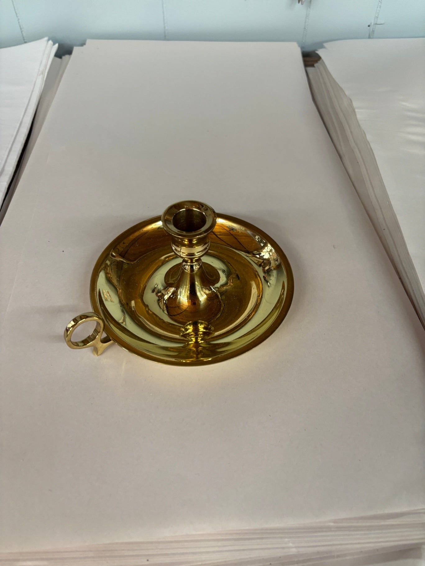 Vintage Solid Brass Candle Holder w/ Ring Thumb Grip Handle 