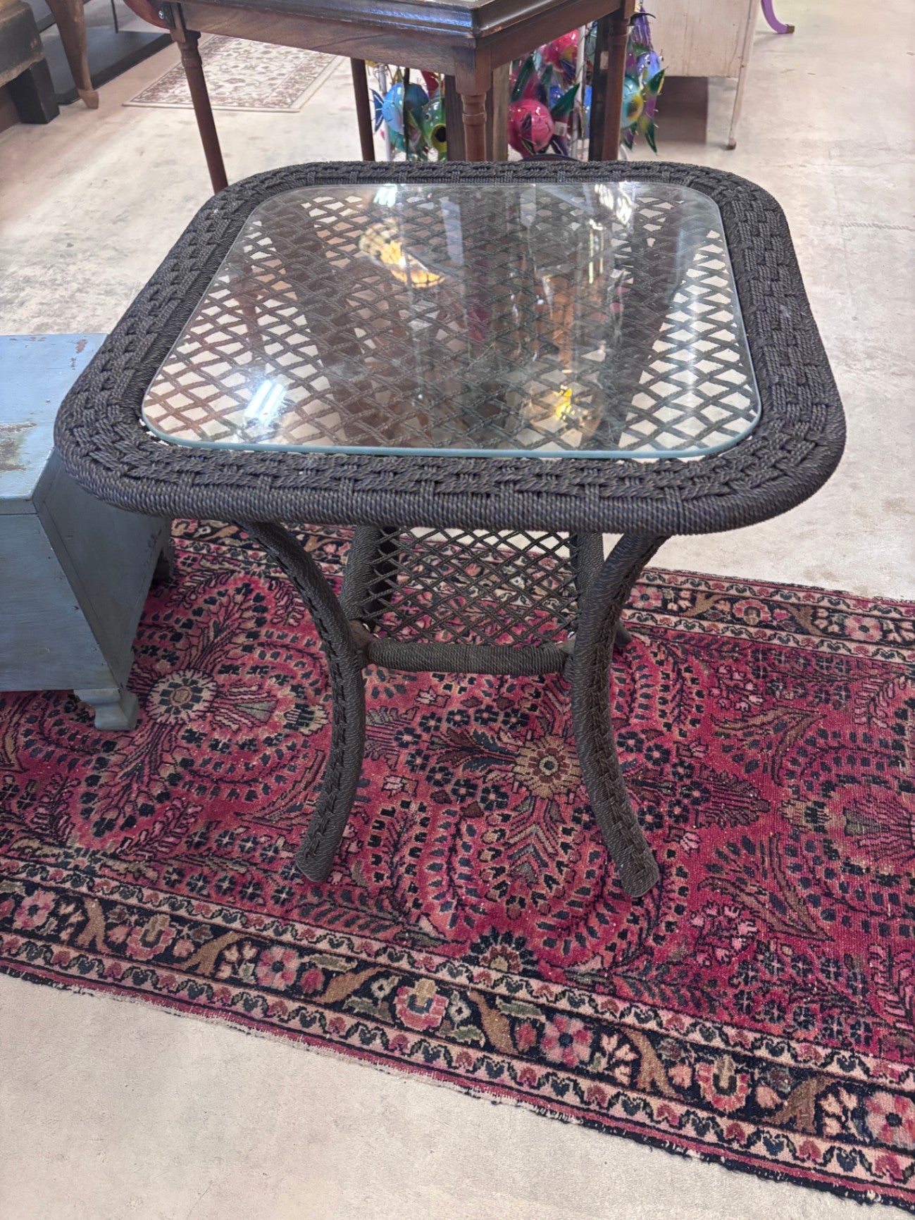 Wicker and Glass End Table