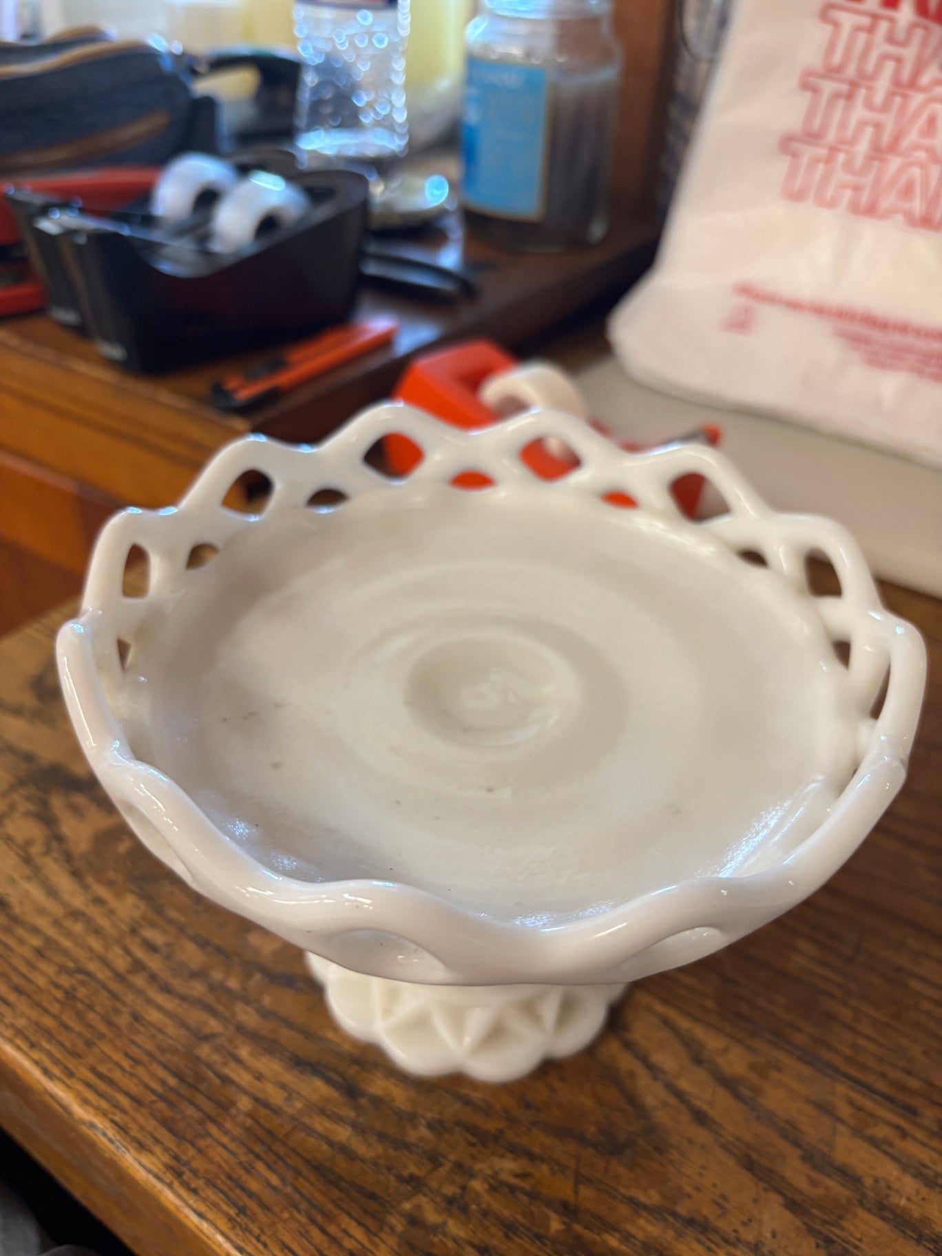 Vintage Compote, Milk Glass, Diamond Pattern, Open-work Lace Rim, 5 1/2" T, 3 1/3" base diameter, 6 1/4" rim Diameter