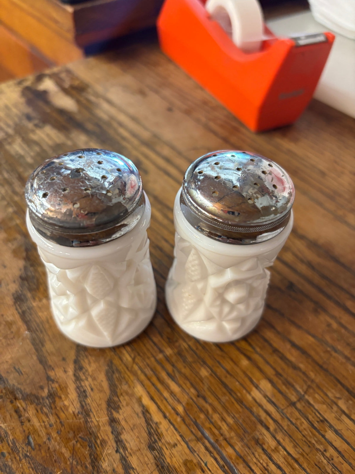 Pair of vintage Fostoria "Winburn" white milk glass salt and pepper shakers