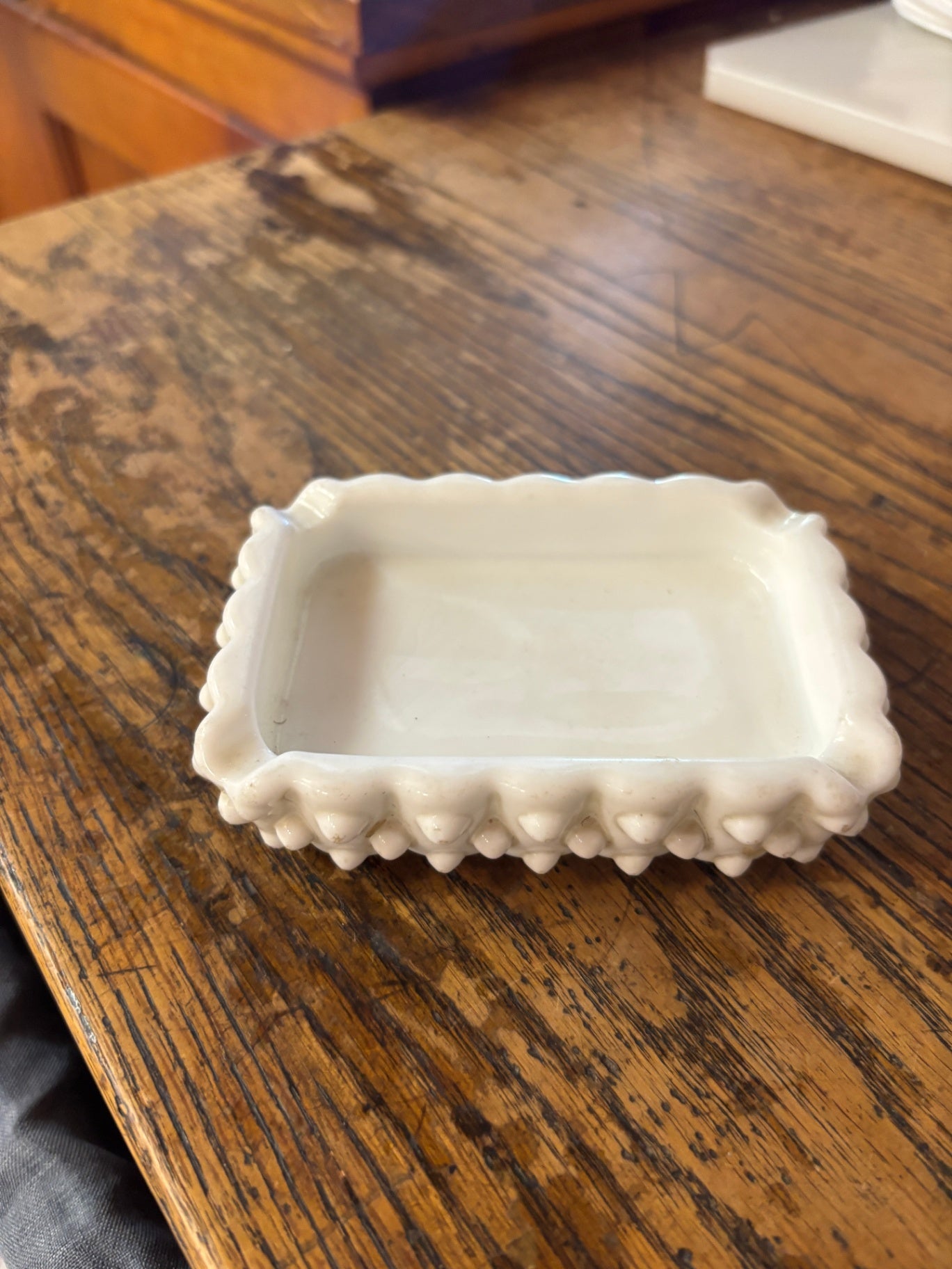 Vintage Fenton 5" ashtray milk glass hobnail trinket dish white scalloped edges