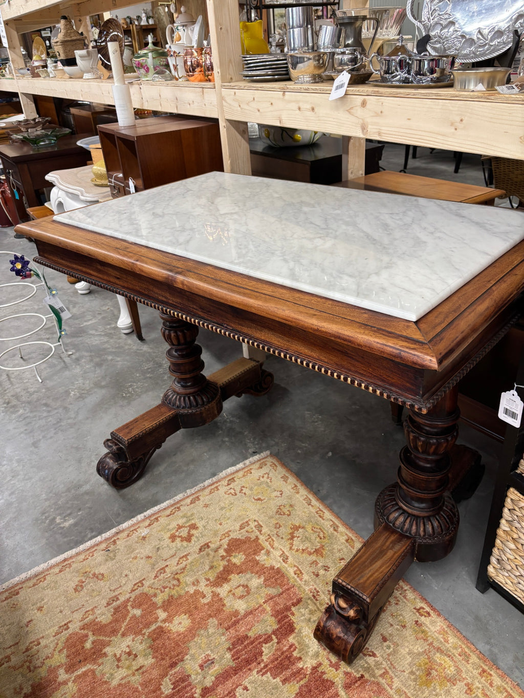 Marble-Top Carved Wood Library / Center Table