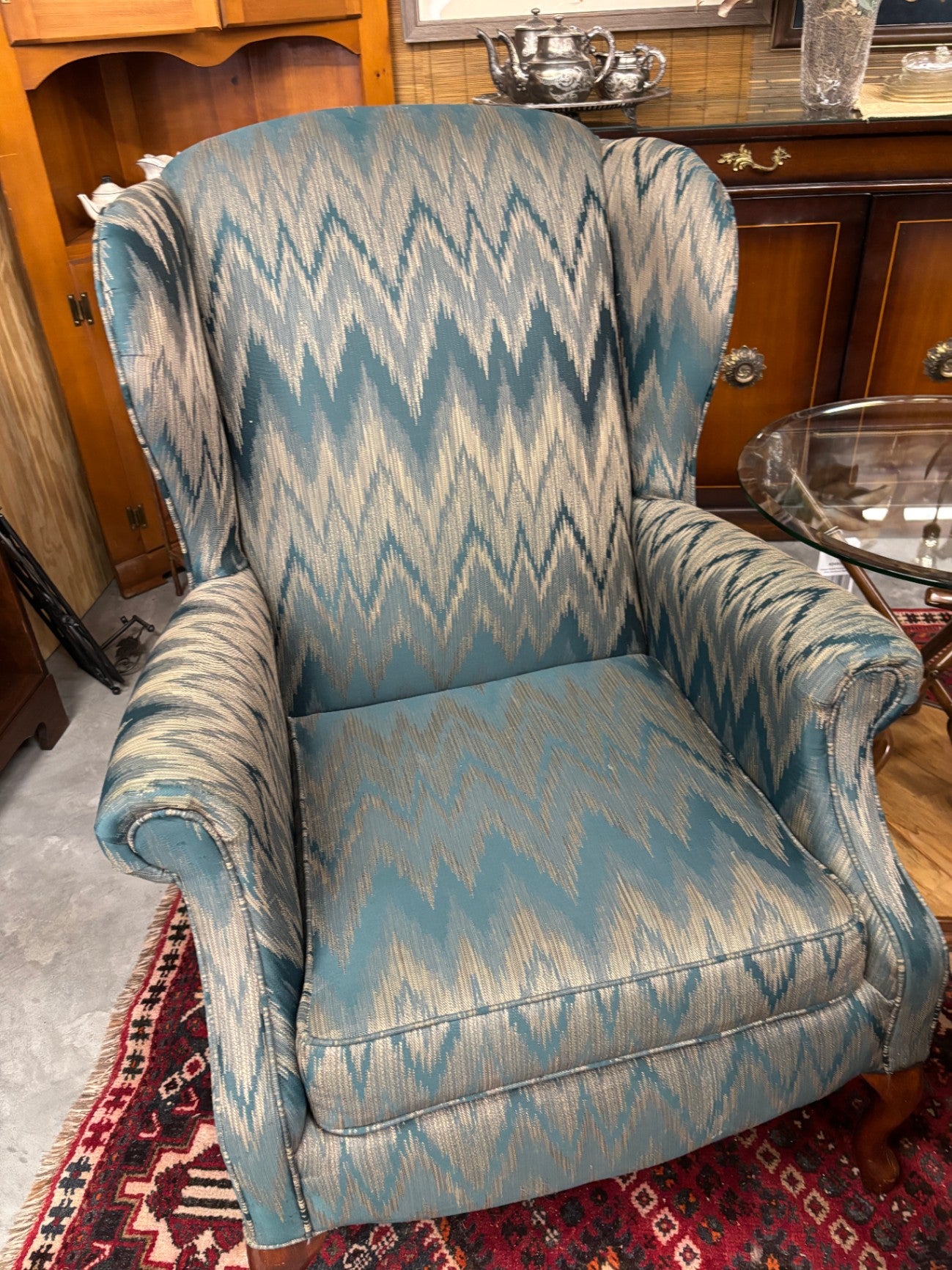 Traditional Teal Ikat Wingback Armchair