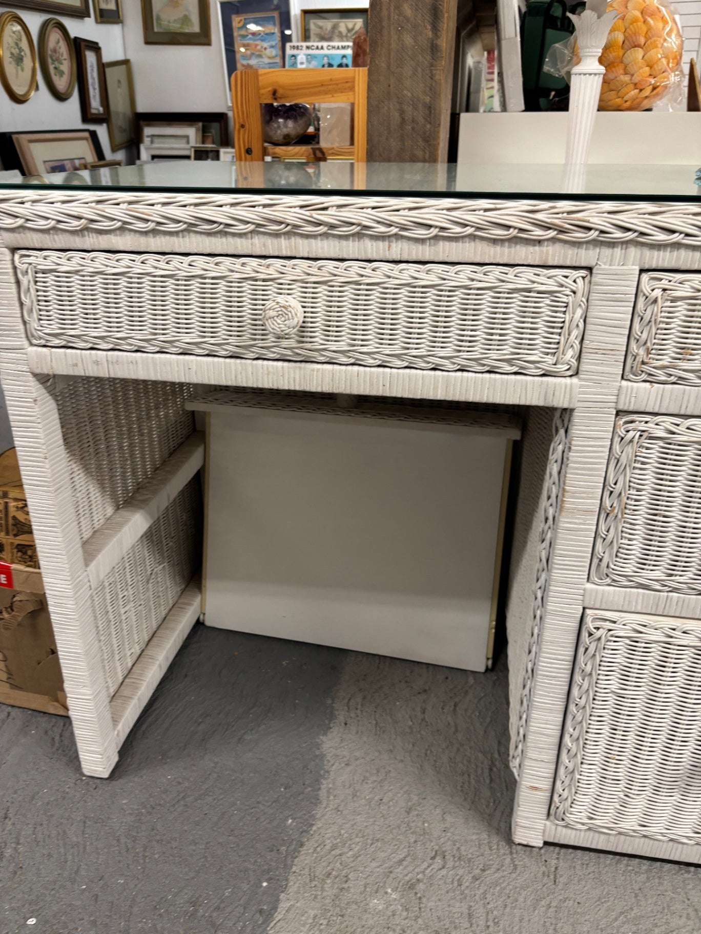 Vintage White Wicker Writing Desk / Vanity with Glass Top