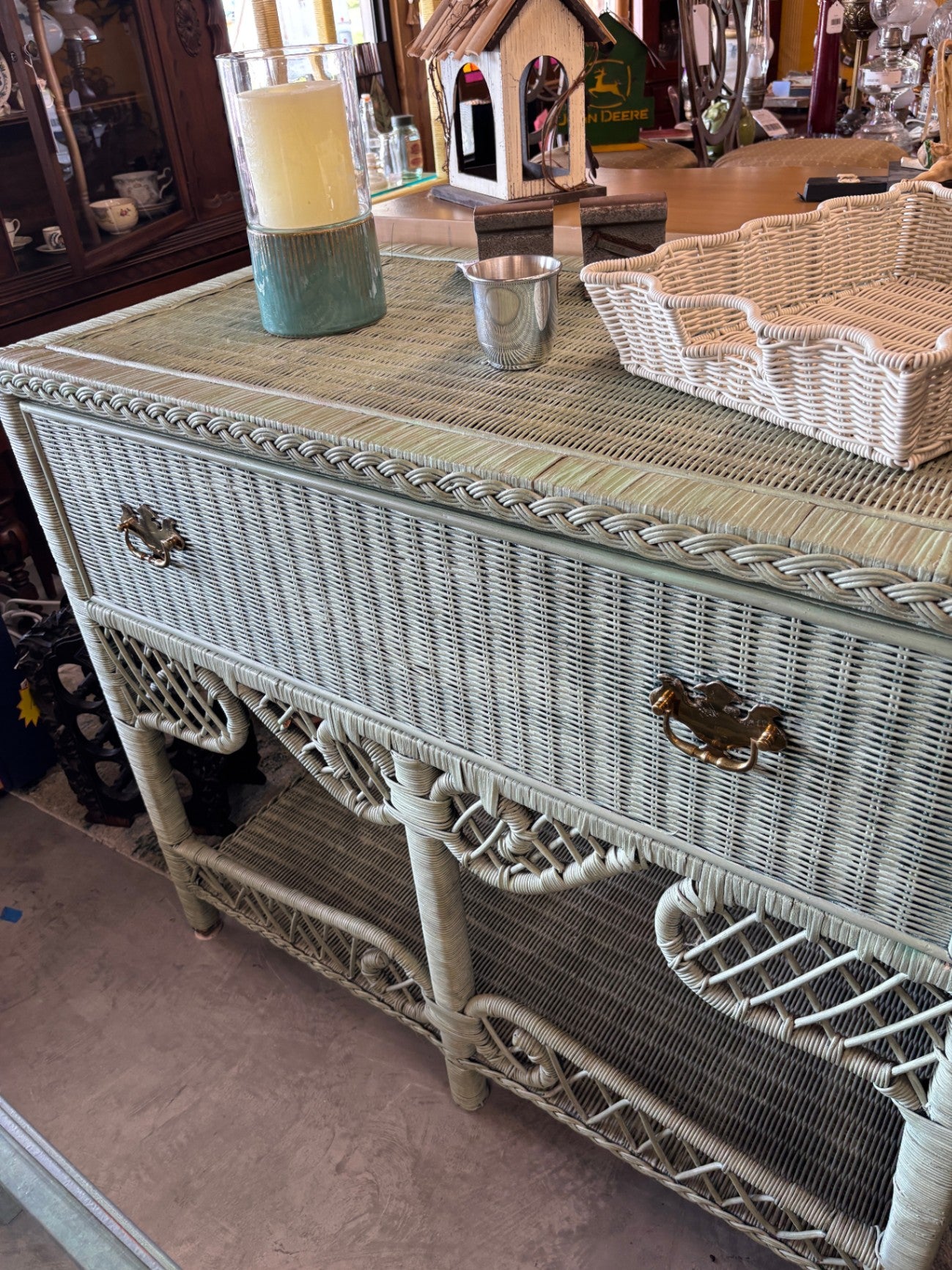 Vintage Wicker Console Table / Server with Drawer