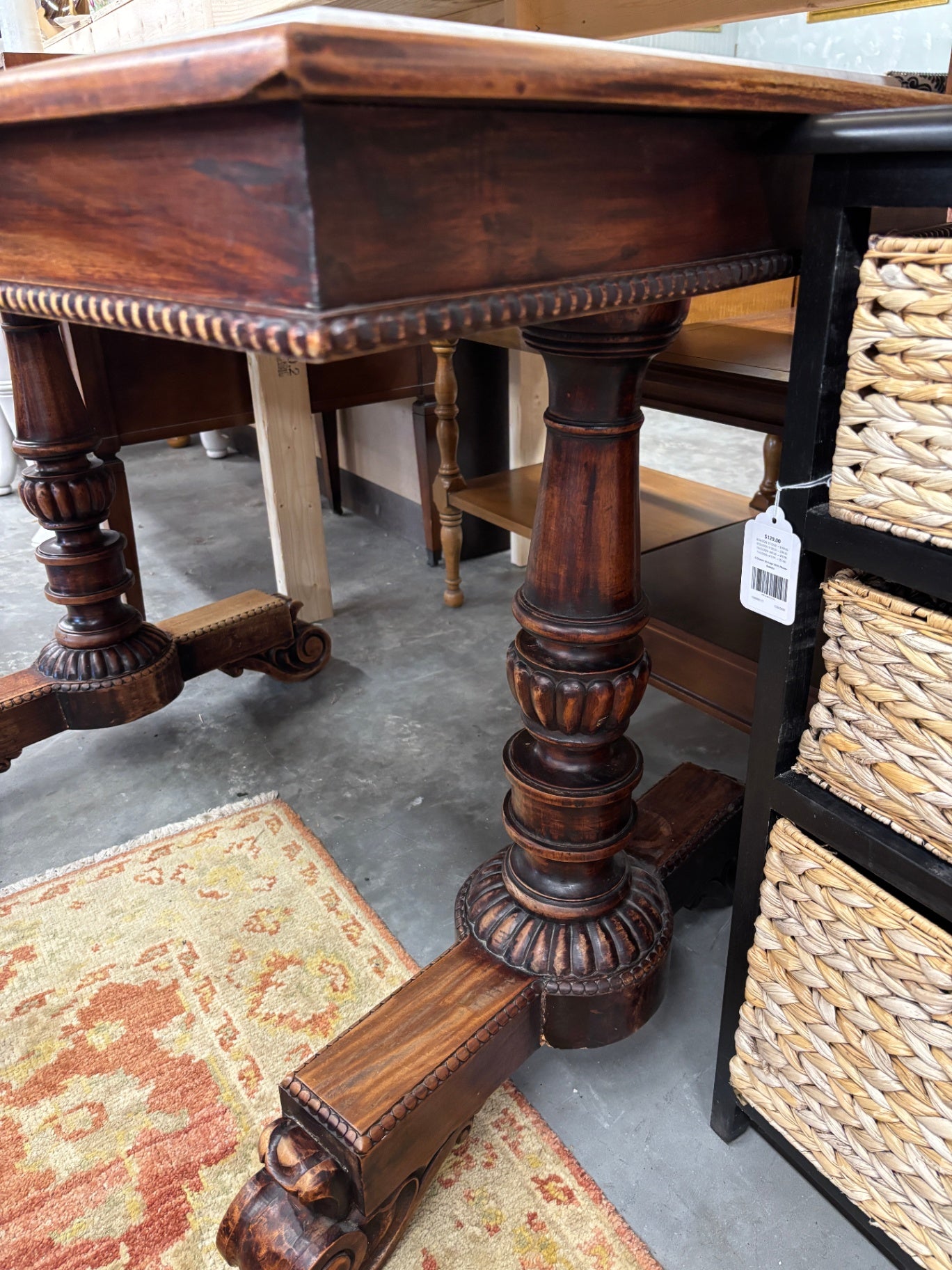 Marble-Top Carved Wood Library / Center Table