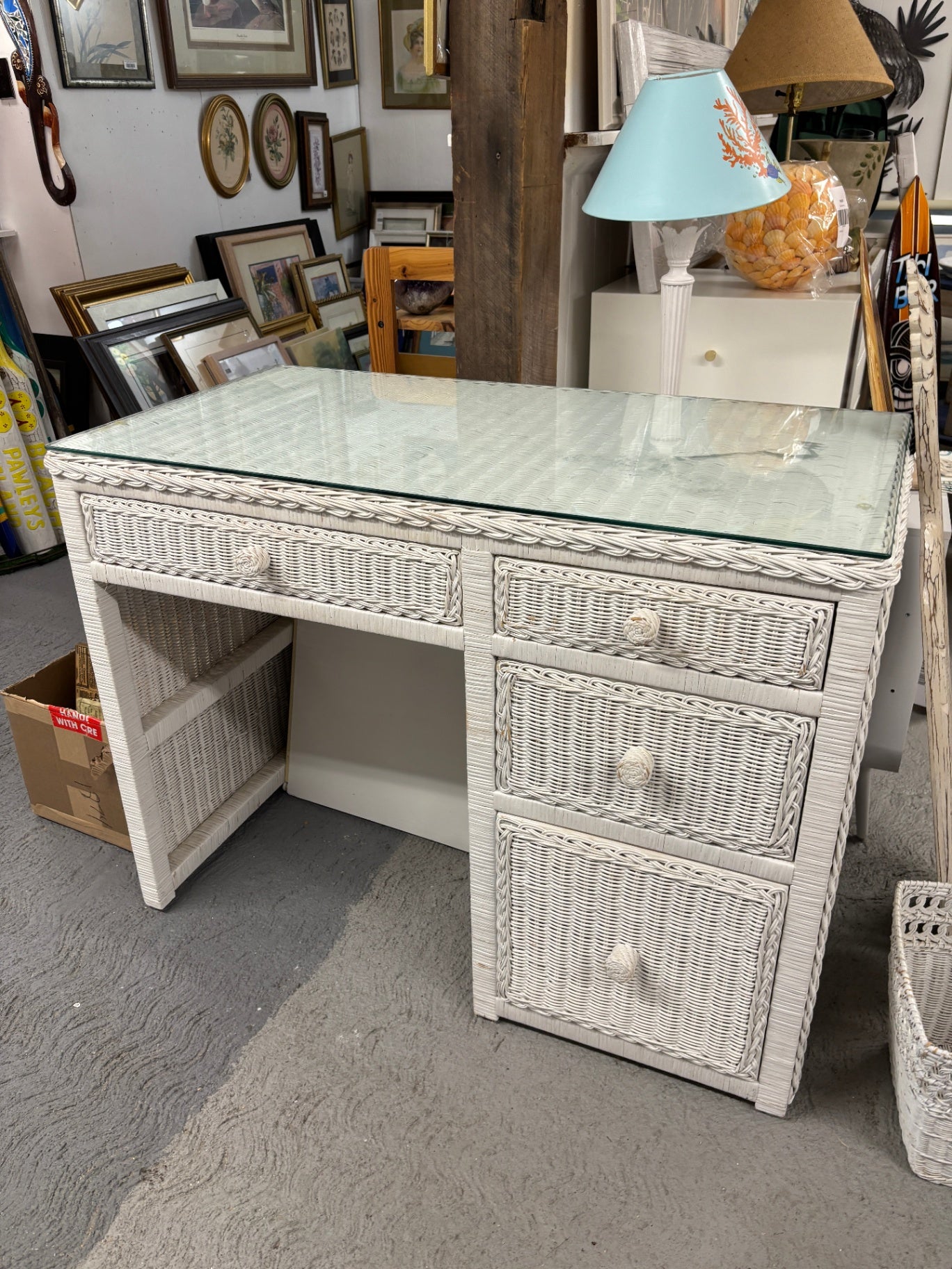 Vintage White Wicker Writing Desk / Vanity with Glass Top