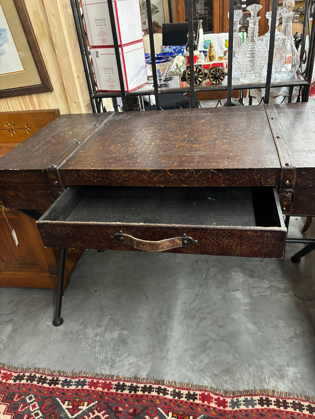 Industrial Campaign-Style Leather Trunk Desk / Console Table